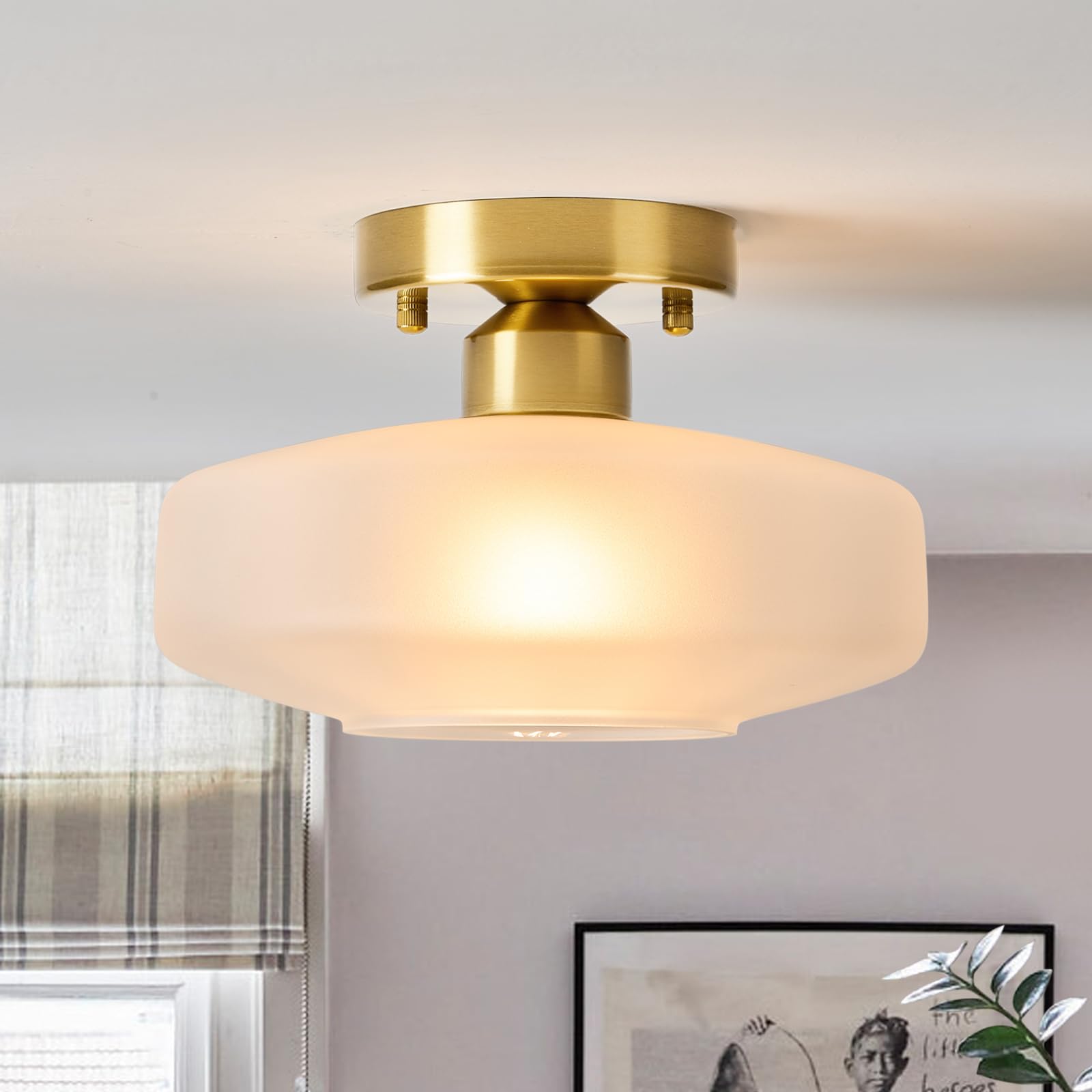 Flush Mount Light with Frosted Glass Shade, Brass Gold Finish Ceiling Light Fixture for Kitchen, Hallway, Entryway, Bathroom, Closet