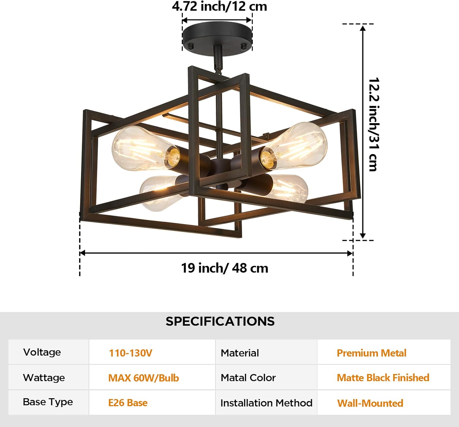 Industrial 4-Light Semi Flush Mount Kitchen Ceiling Light Fixture, Farmhouse Metal Black Close to Ceiling Lighting Fixtures, Modern Rectangle Frame Ceiling Lamp for Island Bedroom Hallway