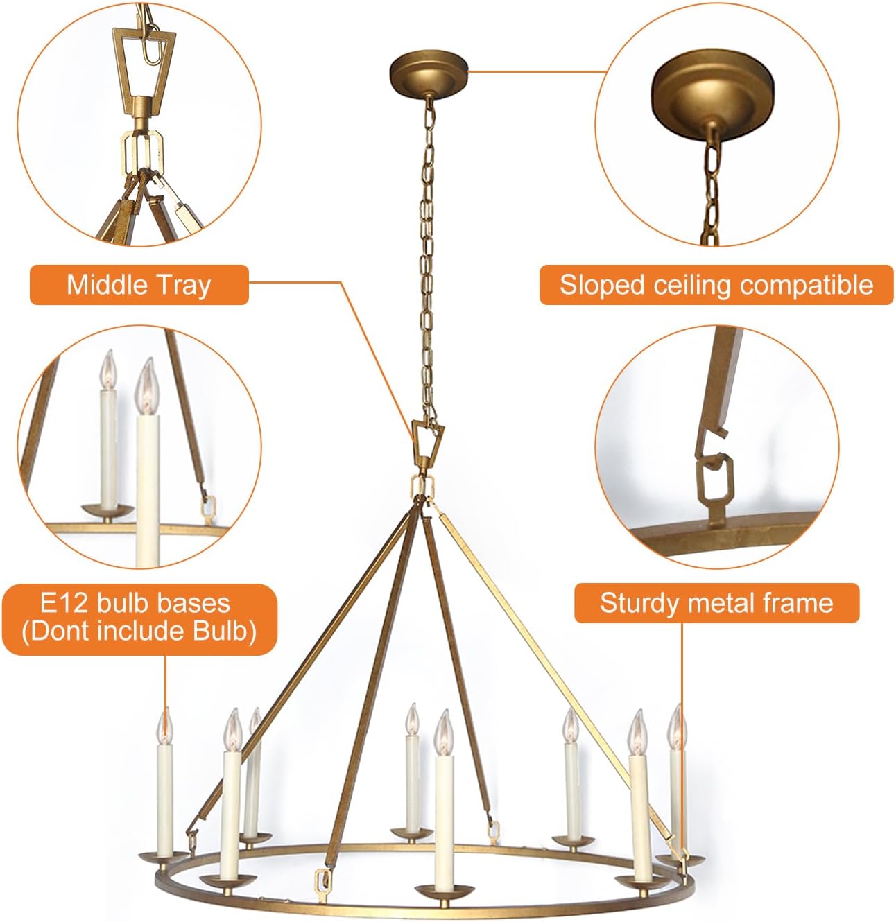 Rustic 35.4'' Chandeliers Candle-Shaped 8-Light Metal Chandelier Lighting Antique Brass Round Ceiling Hanging Light Fixture (8-Light)