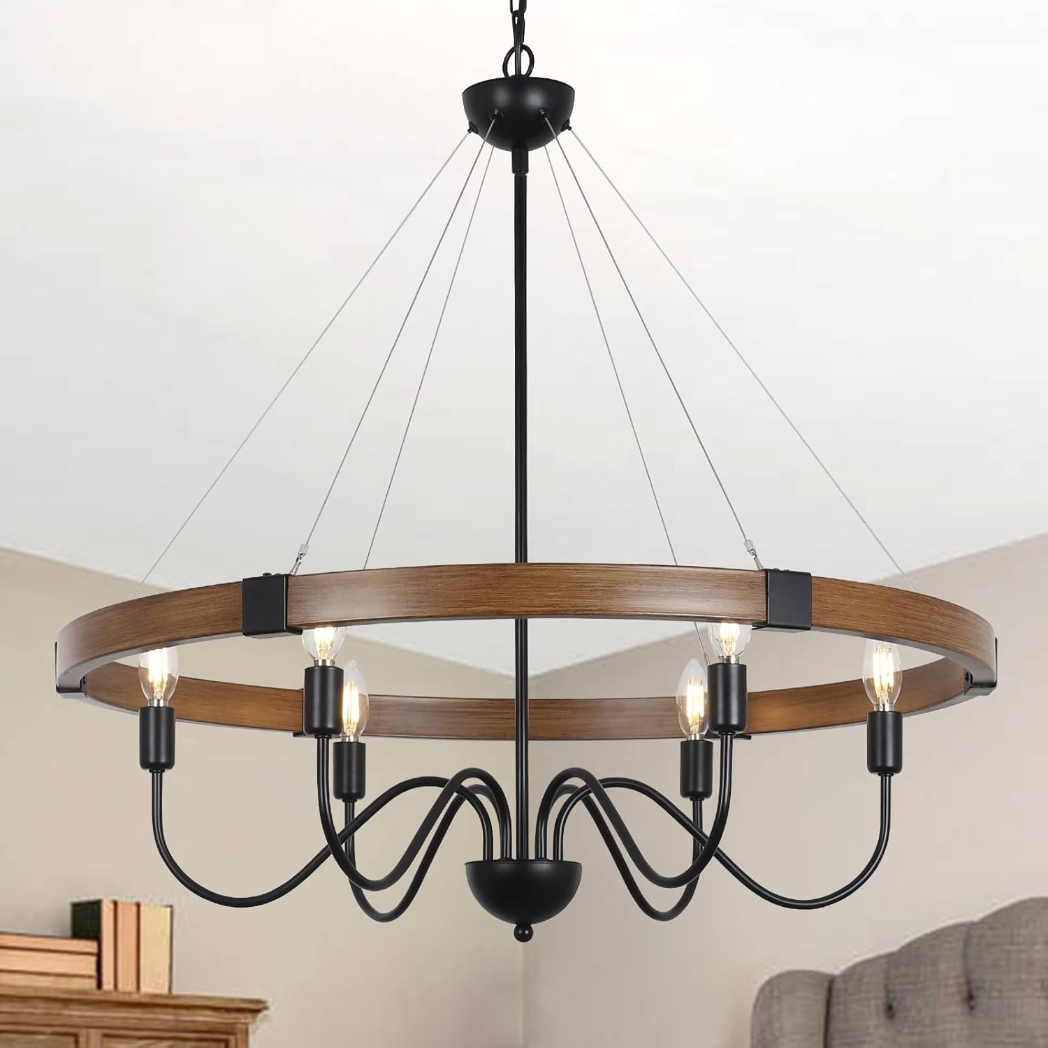 Modern Farmhouse Chandelier,Metal Dining Room Light Fixture with Wood-Like Finish,6-Light Rustic Black Kitchen Chandeliers for Bedroom Living Room Staircase Island(Adjustable Height)