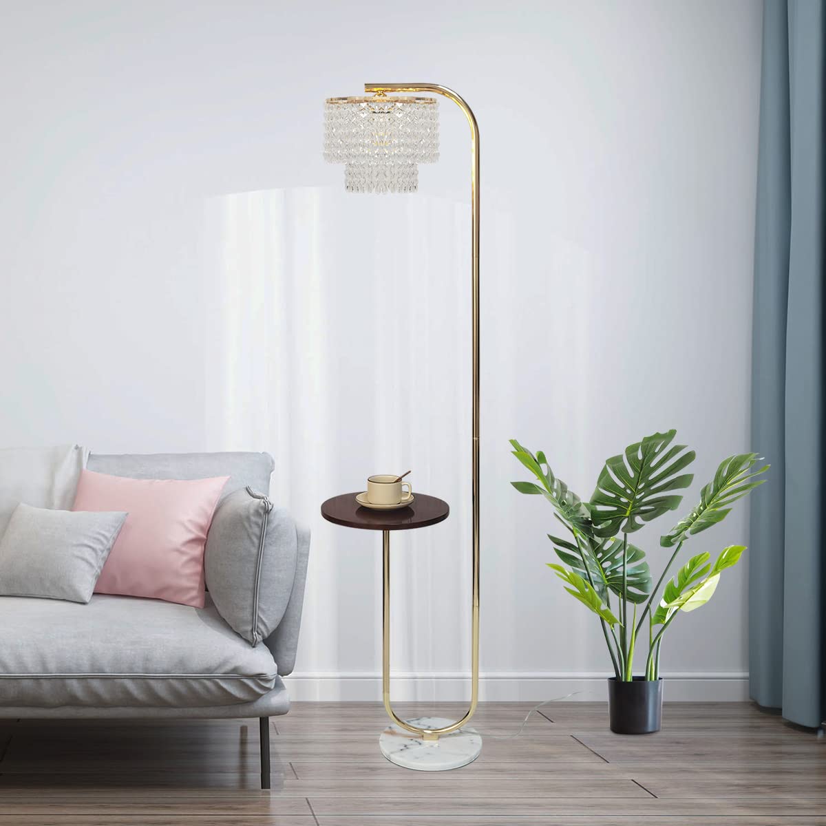 Arc Crystal Floor Lamp for Living Room - Marble Base Modern Tall Stand Up Light with Table,Contemporary Over The Couch Gold Lamp Standing Lamps for Bedroom Office Living Room