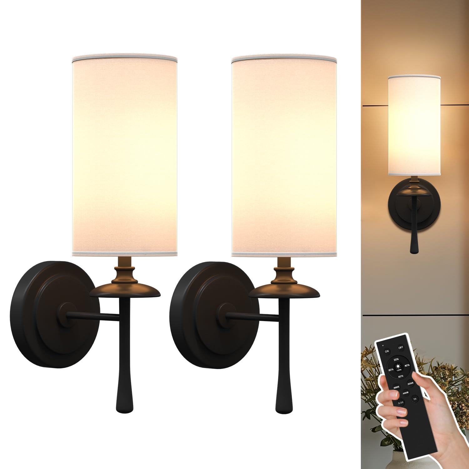 Battery Operated Wall Sconces, Set of 2-4400 mAh Rechargeable Battery - 3 Color Temperature - Dimmable Wall Lights with Remote - Not Hardwired Needed - Black - 2 Pack