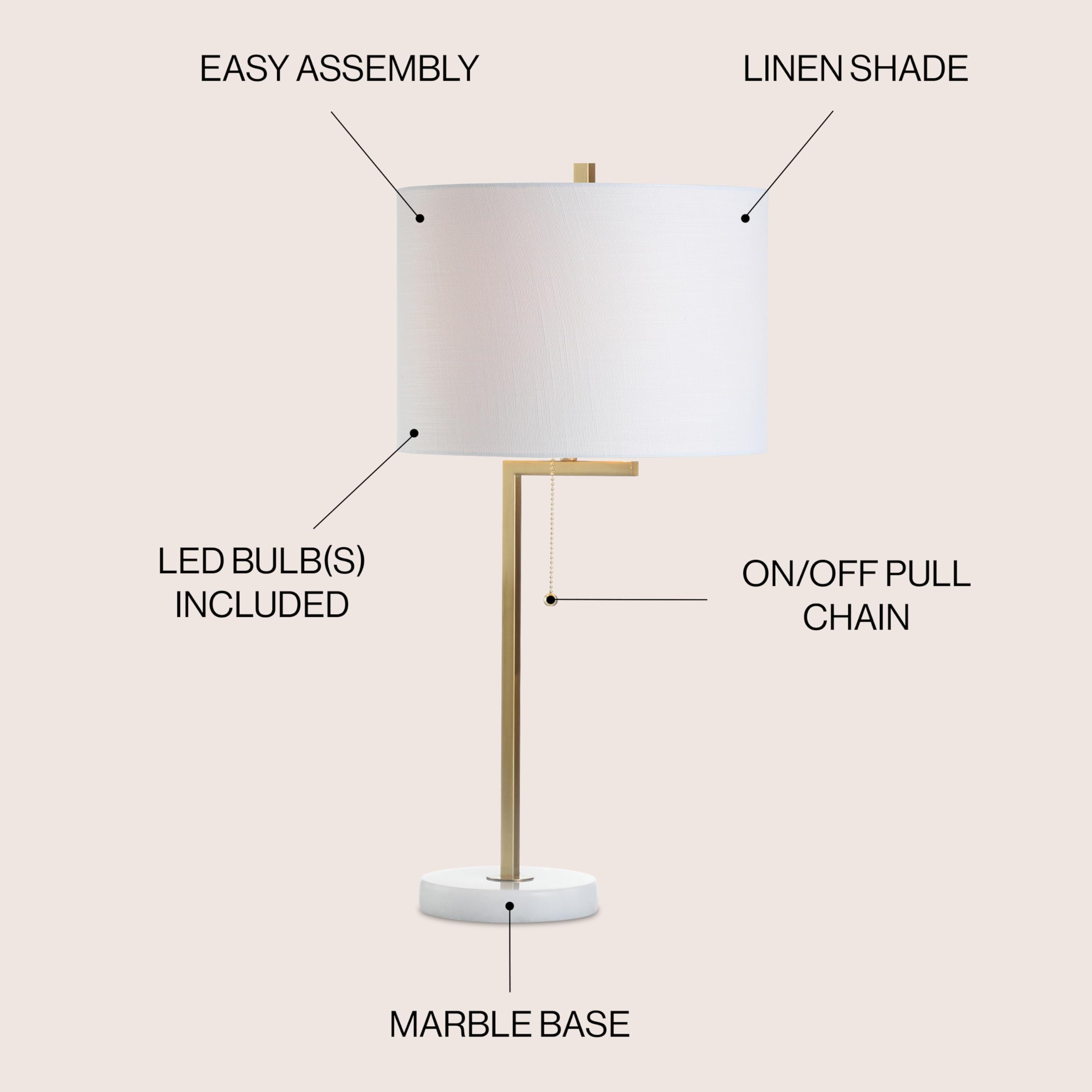 24.5" Metal/Marble LED Table Lamp Contemporary Bedside Desk Nightstand Lamp for Bedroom Living Room Office College Bookcase LED Bulb Included, Brass Gold/White