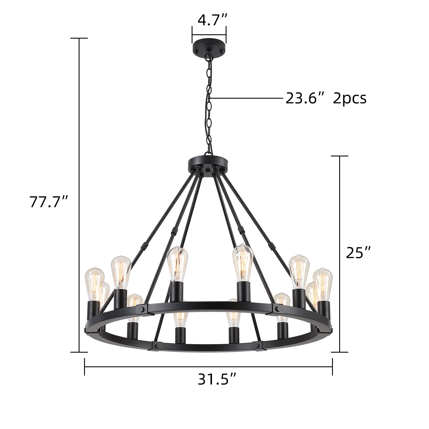 Gold Wagon Wheel Chandelier, 12-Light Industrial Pendant Light, 31.5'' Farmhouse Ceiling Hanging Chandelier Light Fixture for Living Room, Bedroom, Entryway, Foyer