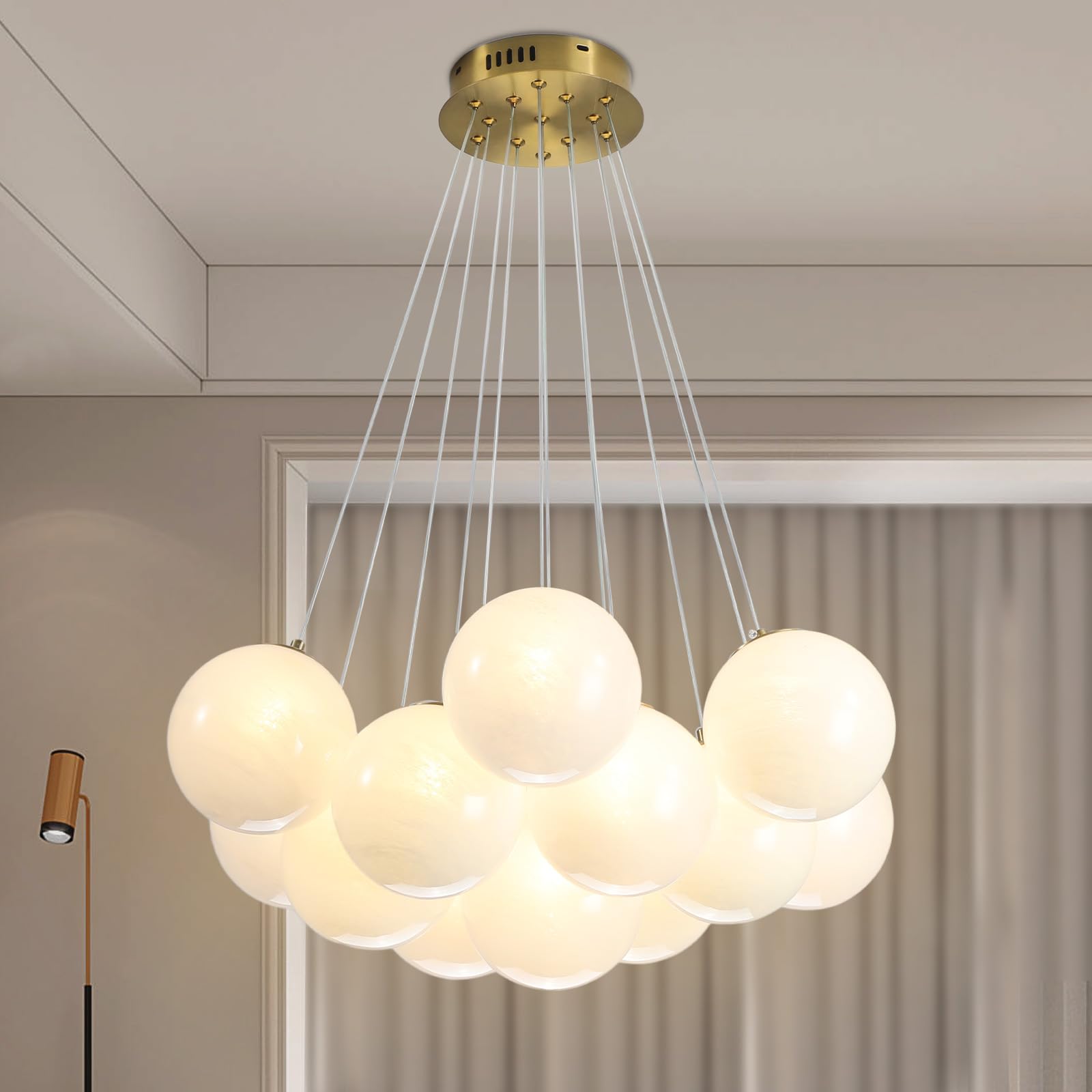 23" Bubble Globe Chandelier, 13-Light Globe Chandelier Light Fixture, Pendant Light Fixture with Milky White Glass Big Balls for Bedroom Dining Room Living Room(G9 Bulbs Included, UL Listed)