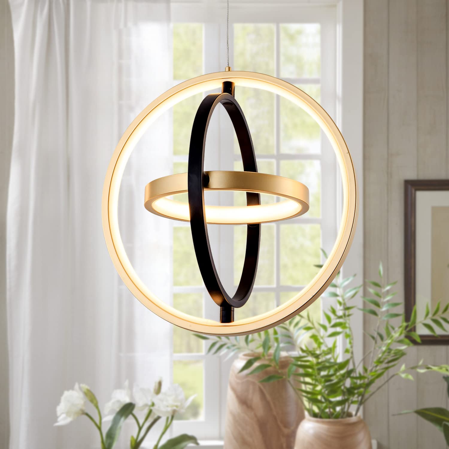 modern LED chandelier DIY creative chandelier adjustable hanging chandelier round ring 3 ring 4000K warm white light fixture for dining room bedroom kitchen island hall black gold (D = 11.8")