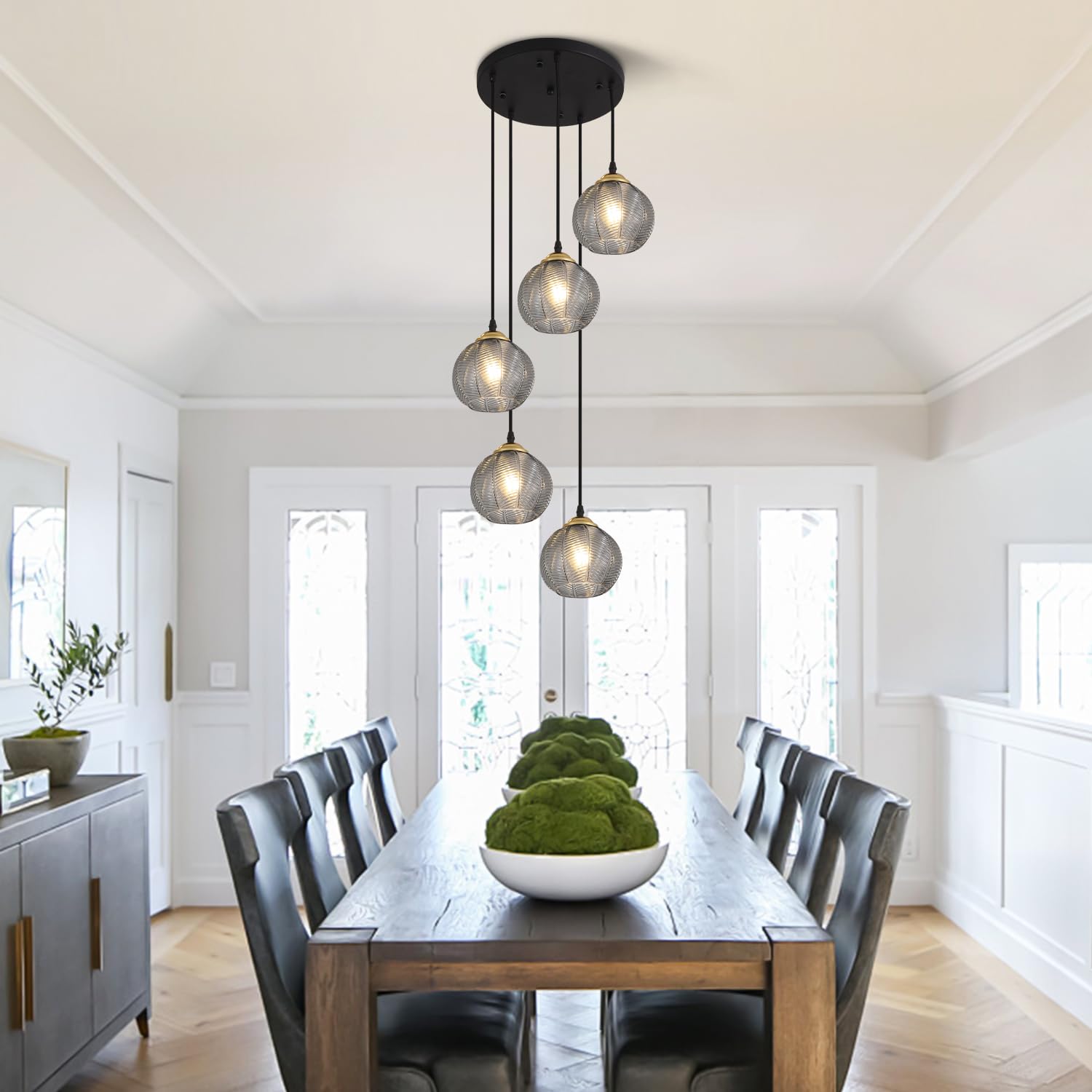 KCO Lighting 3-Lights Smoke Gray Glass Pendant Light Black Globe Round Cluster Chandelier Mid-Century Modern Multi Light Pendant Lighting Nordic Kitchen Island Light Fixture