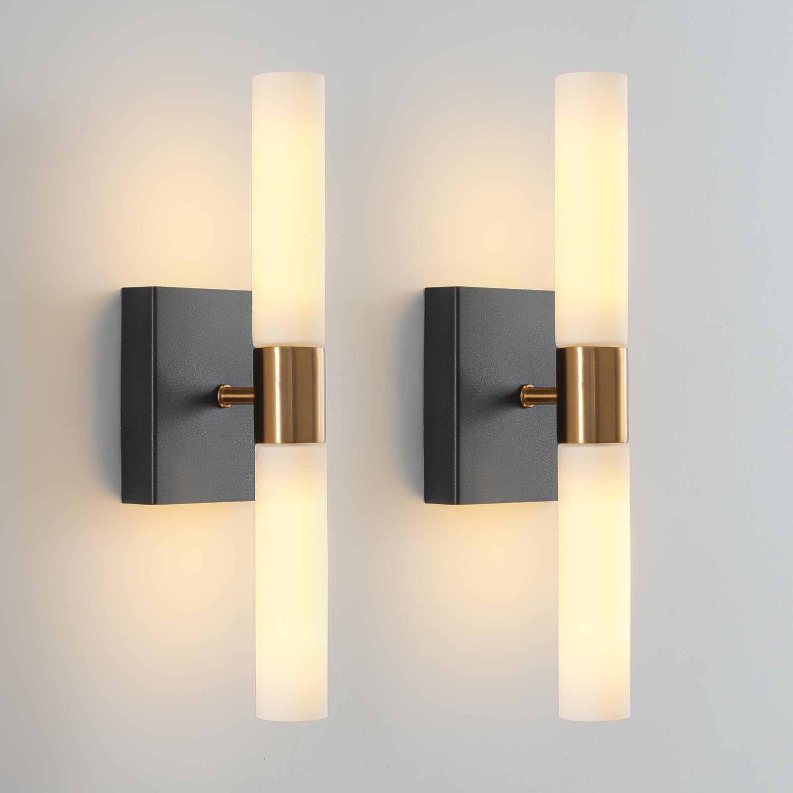 Wall Sconces Set of Two Black and Brass Gold Wall Lights with White Frosted Glass Shade Modern Wall Lamp for Bathroom Living Room Indoor Vanity Up and Down Sconces Wall Lighting for Hallway