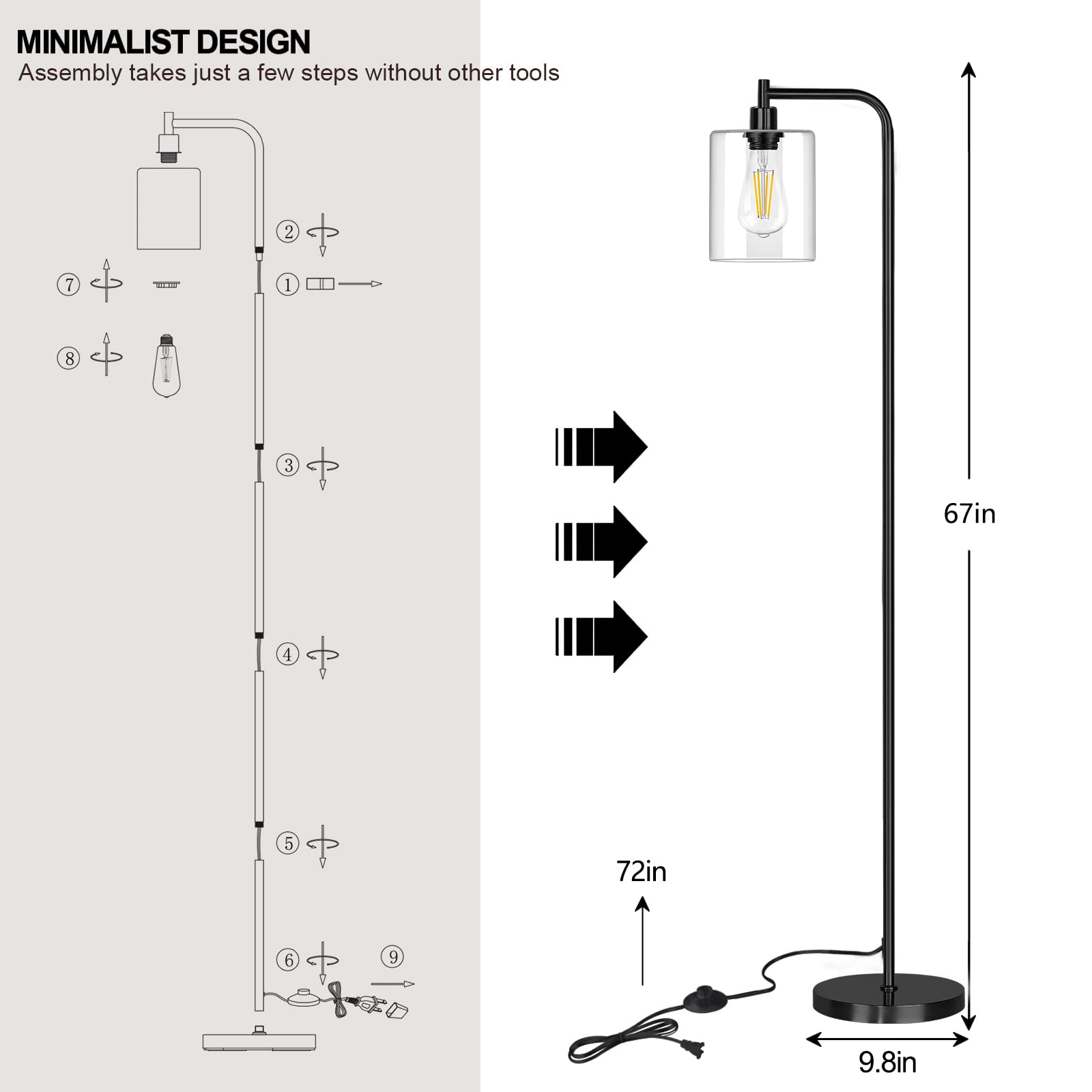 Industrial Floor Lamp for Living Room, Modern Standing Lamp with HD Glass Lampshade and Pedal Switch, 67” Tall Pole Light for Bedroom Study Room, Brushed Silver (2700K LED Bulb Included)