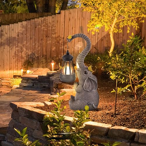 Solar Outdoor Garden Statues Lights, Elephant Figurines with Cute Birds Garden Sculpture Decor, Lucky Elephant Mother Gifts for Women, Men or Daughter, Unique Housewarming Gifts and Yard Decoration