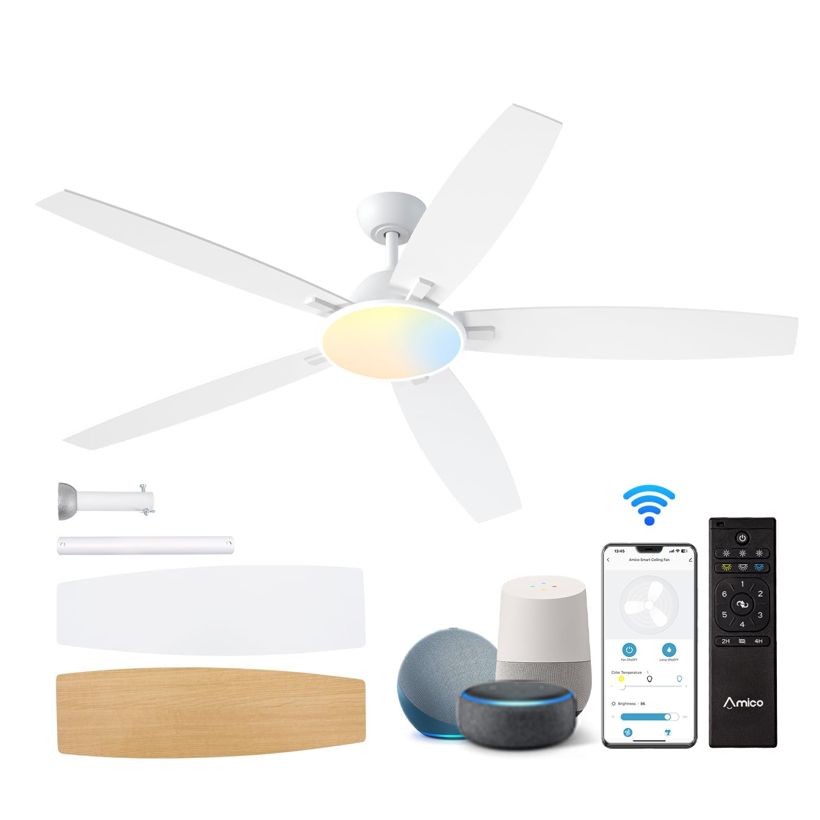 Ceiling Fans with Lights, 52 inch Smart Ceiling Fan with Remote/APP/Alexa Control, Reversible DC Motor, 5 Blades, 6 Speeds, 3CCT, Dimmable, Noiseless, Wifi Ceiling Fan for Bedroom, Farmhouse