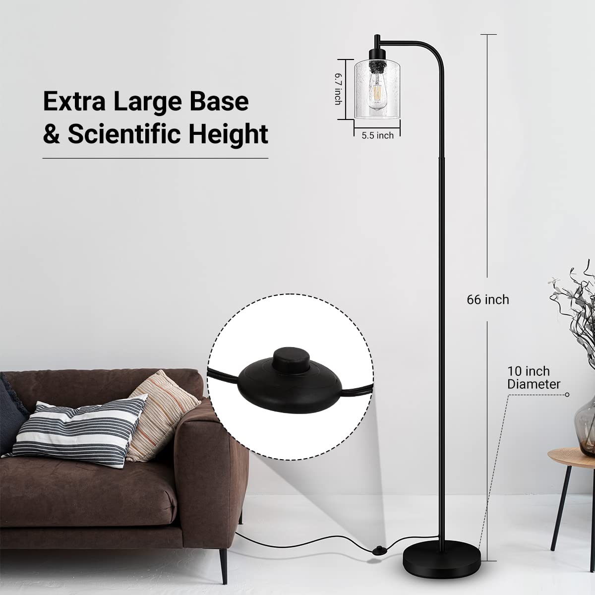 Floor Lamp, 6W Black Modern Floor Lamp with 4W Adjustable Reading Lamp, 2700K Energy-Saving LED Bulbs Included, Industrial Bright Floor Lamp for Bedroom, Living Room and Office