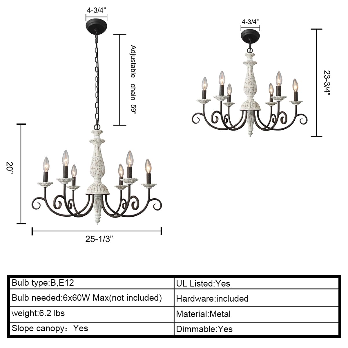 Chandelier Light Fixture Mid Century Modern 6-Lights Candle Style Chandelier Vintage Distressed White Wood Chandelier for Dining Room, Kitchen, Living Room, E12