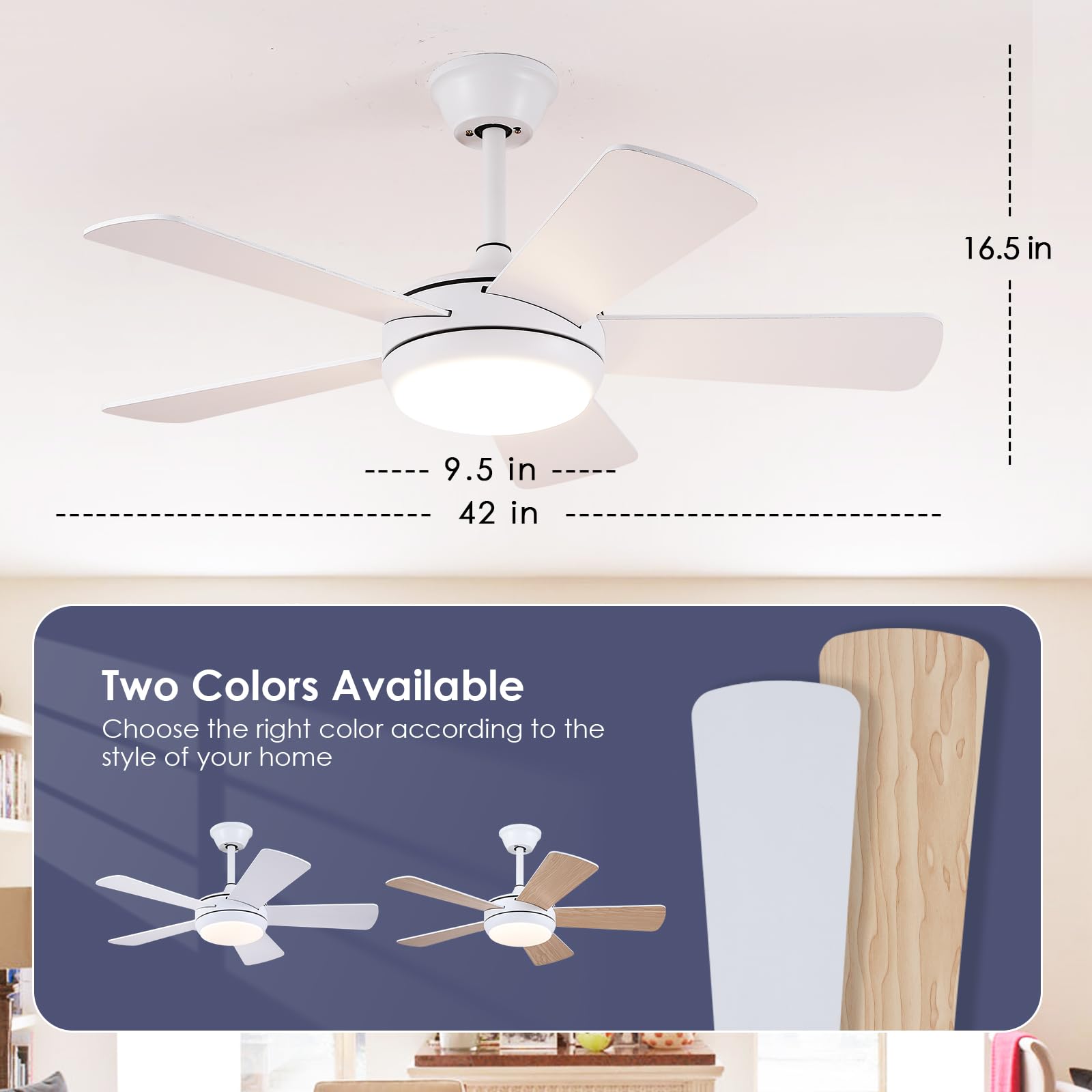 Ceiling Fans with Lights - 42" Black Outdoor Ceiling Fan with Light and Remote, Dimmable and Reversible Motor, Modern Low Profile Ceiling Fan Lights for Indoor Bedroom/Outdoor Covered Patio…