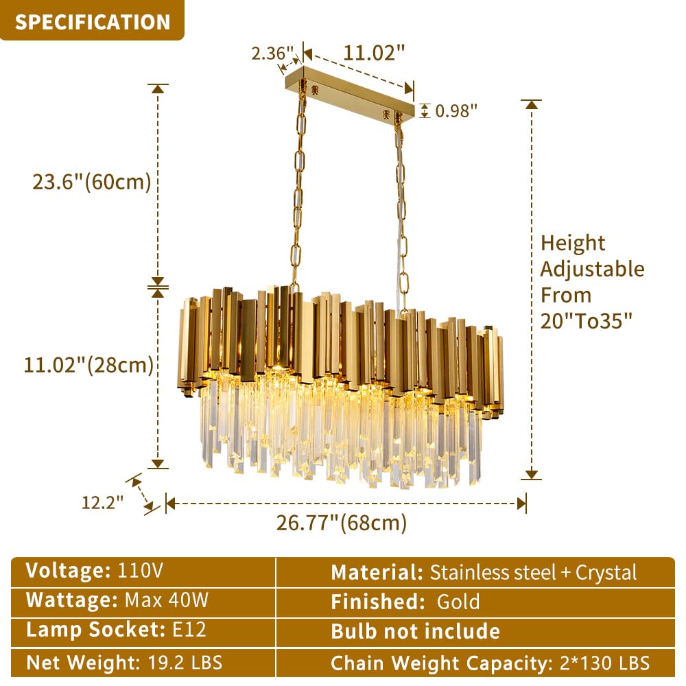 Modern K9 Crystal Pendant Lighting, Round Gold Crystal Chandelier Contemporary Luxury Pendant Ceiling Lighting Fixture for Dining Living Room Kitchen Island, Antique Gold