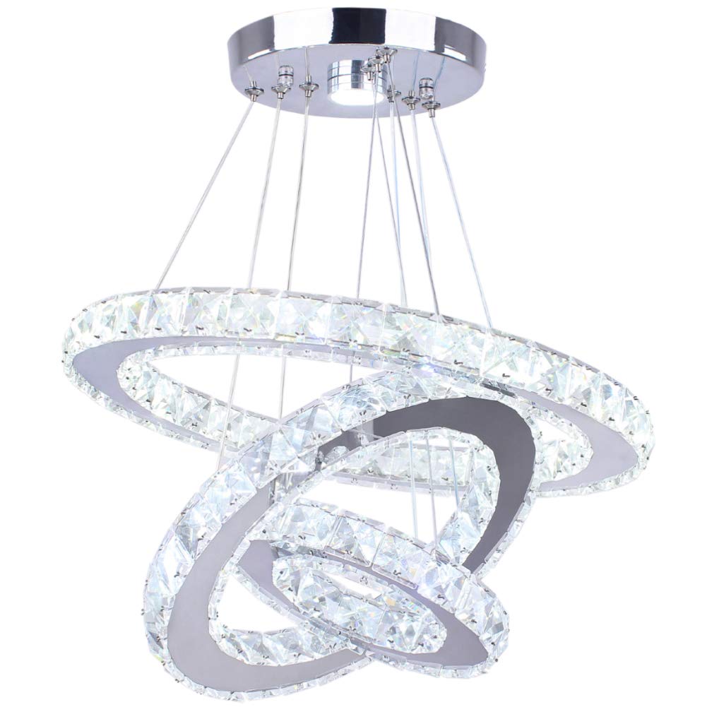 Modern LED Chandeliers Crystal Chandelier 3 Ring Round Pendant Lighting Adjustable Stainless Steel Ceiling Light Fixture for Living Room Dining Room Bedroom