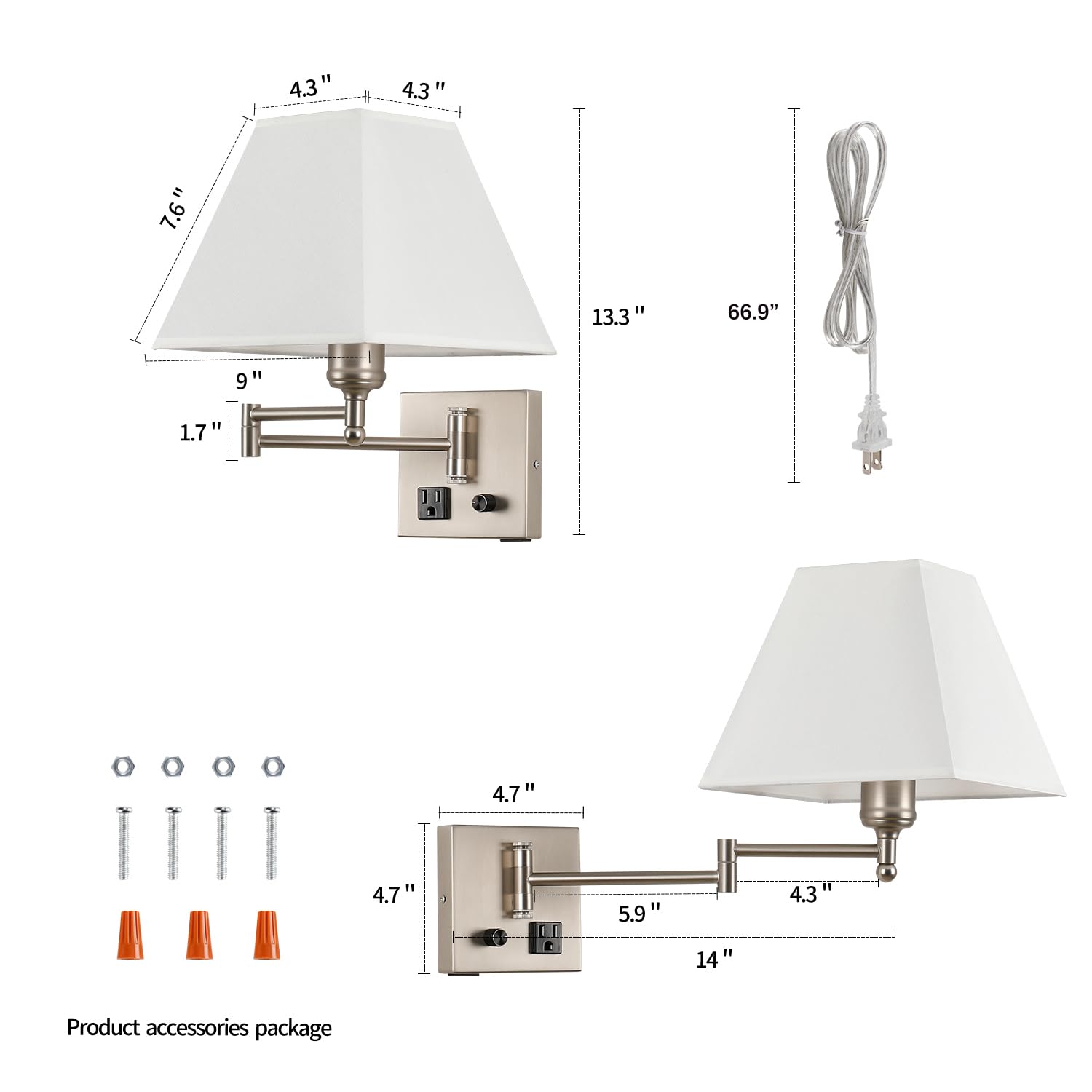 Plug in Wall Light,Swing Arm Wall Sconces with USB Port and Outlet,Wall Lamp with White Fabric Shade Dimmable Switch for Bedroom, Living Room , Office Nickel