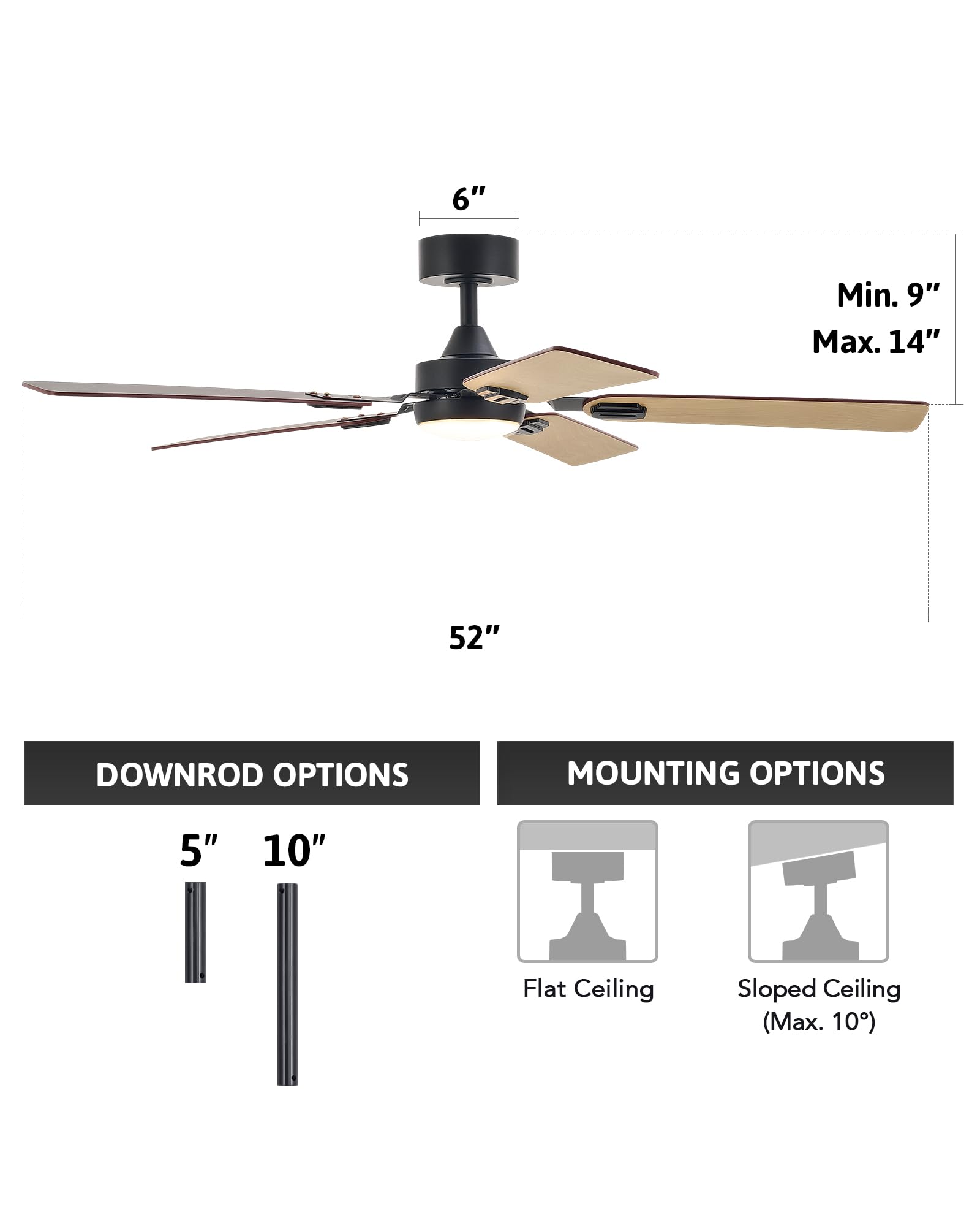 Ceiling Fans with Lights and Remote, 52" Ceiling Fan with 5 Blades, 6-Speeds Noiseless Reversible DC Motor for Farmhouse Bedroom Indoor, Black