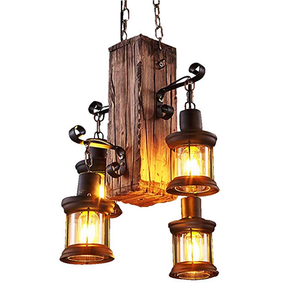 Industrial Vintage Wooden Hanging Pendant Light Retro Loft Lantern Chandelier 4 Lights Suspension Lighting Fixture for Coffee Shop Restaurant Black