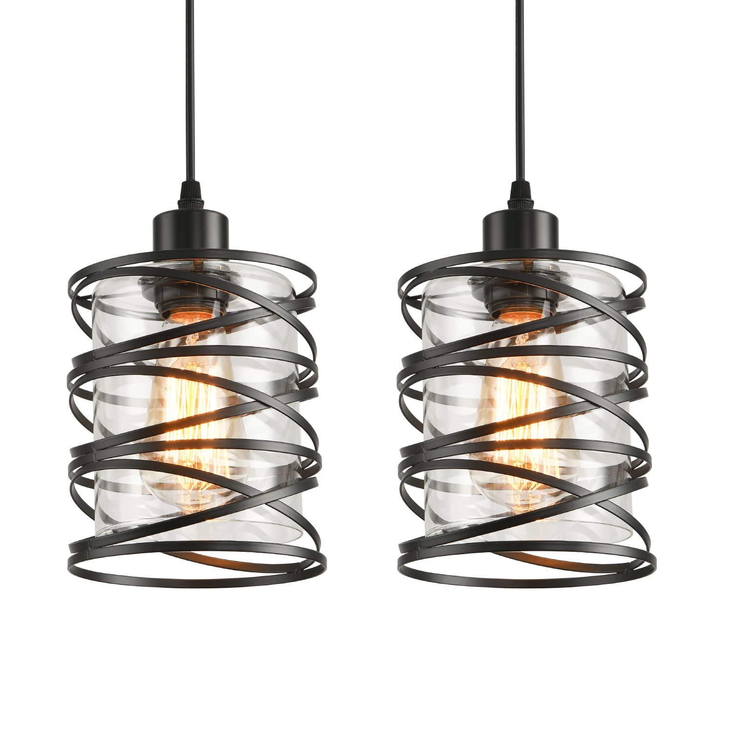 2 Pack Black Spiral Cage Pendant Lights with Clear Glass Shade, Suitable for Kitchen Island, Dining Table, Entryway, Restaurant