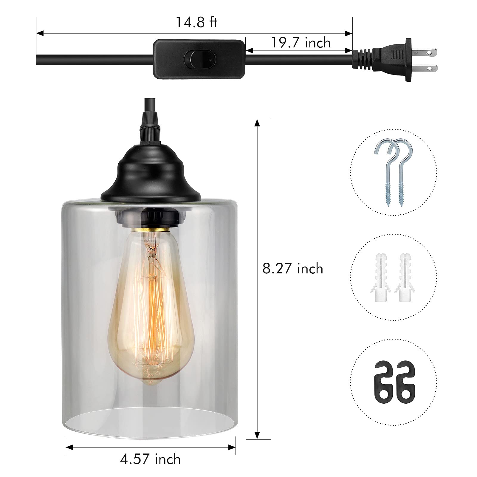 1-Light Plug in Pendant Glass Hanging Light, Industrial Mini Pendant Lighting with Glass Shade, Adjustable Farmhouse Hanging Lamp with plug in cord, Black Pendant Lighting for Kitchen Island