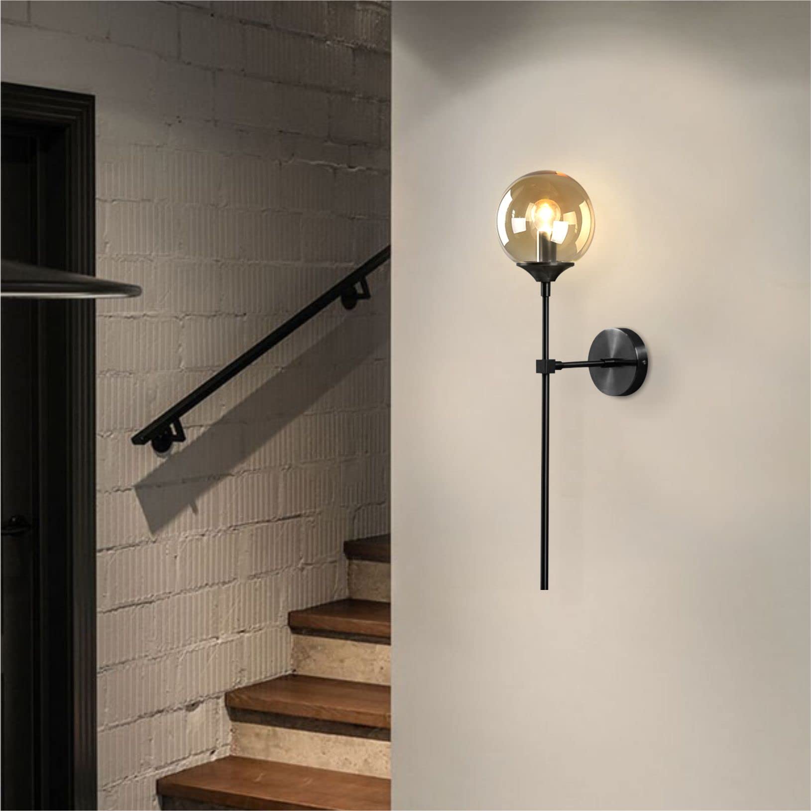 Lighting Modern Smoke Grey Glass Globe Black Matte Slim Wall Sconce Light with Long Arm Vintage Industrial Wall Sconce for Hallway, Stairs, Bathroom Mirror