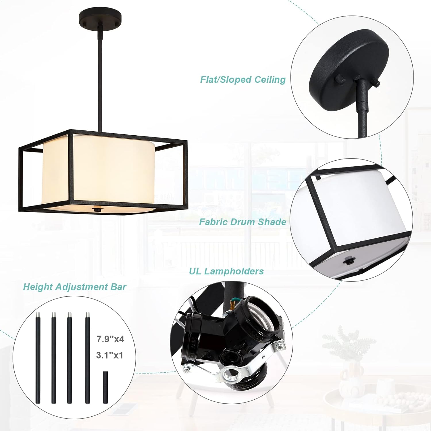 Modern Semi Flush Mount Ceiling Light, Industrial Close to Ceiling Light with Fabric Drum Shade Black Metal Frame,Chandeliers Light Fixtures Ceiling Hanging for Bedroom, Living Room, Kitchen, Hallway