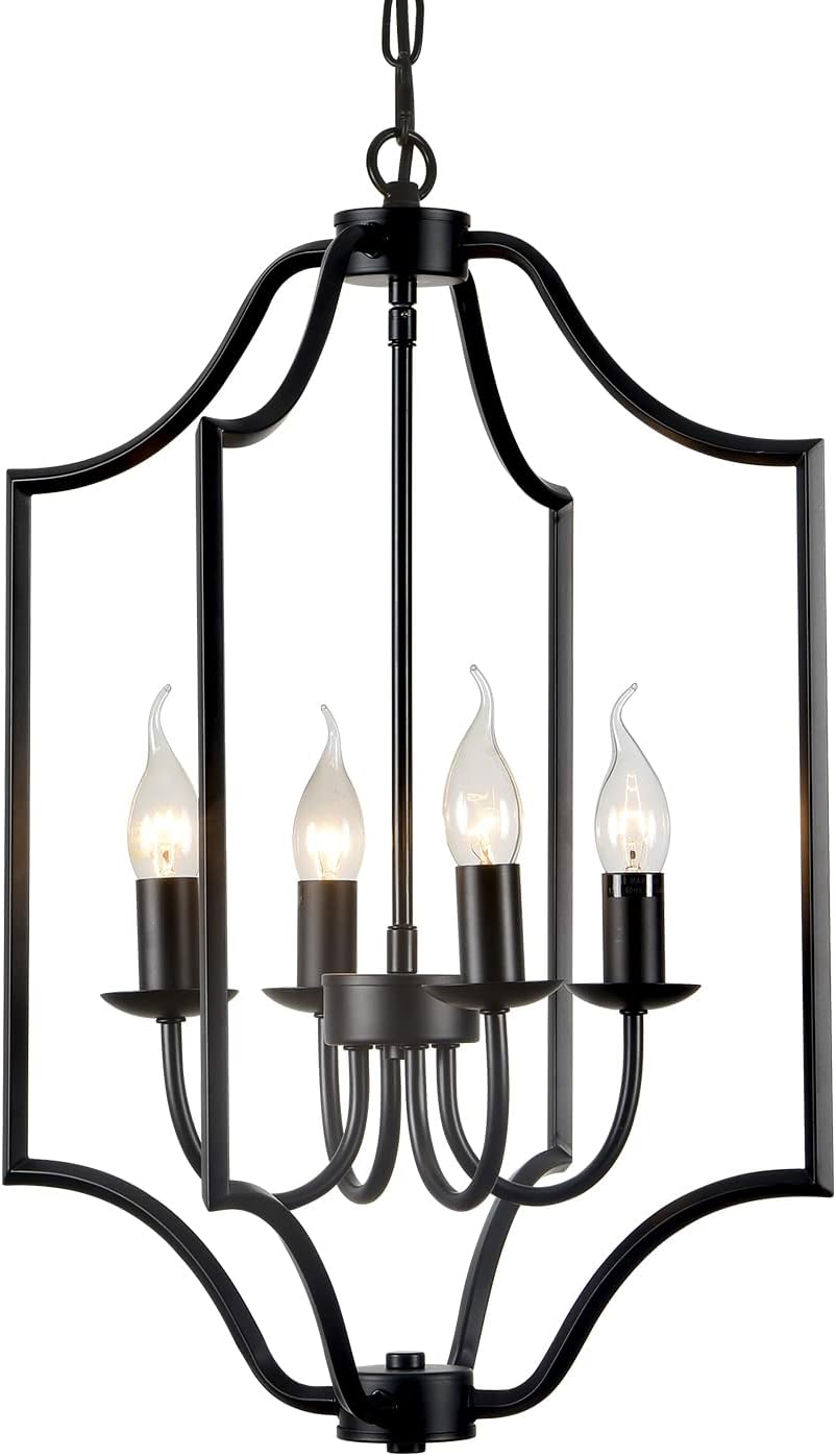 4-Light Farmhouse Chandelier Fixture Rustic Industrial Pendant Lighting Adjustable Height Metal Cage E12 Hanging Lights for Kitchen Island, Dining Room, Living Room, Bedroom, Foyer, Entry