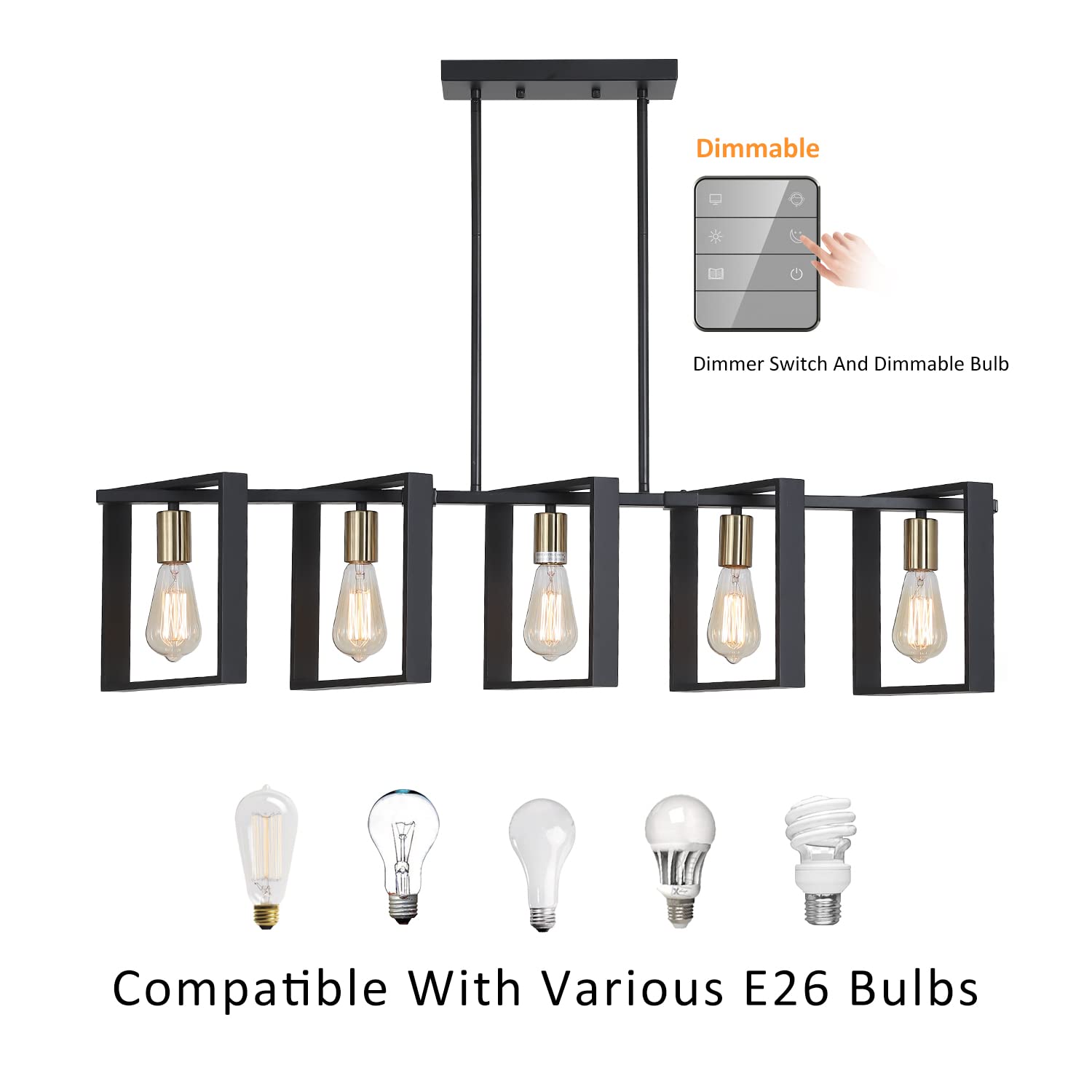 9MMML 3 Lights Kitchen Island Lighting, Modern Rectangle Linear Pendant Light, Black Frame+ Gold Socket Chandelier for Dining &Living Room Foyer Entryway Hallway,E26,Height Adjustable.