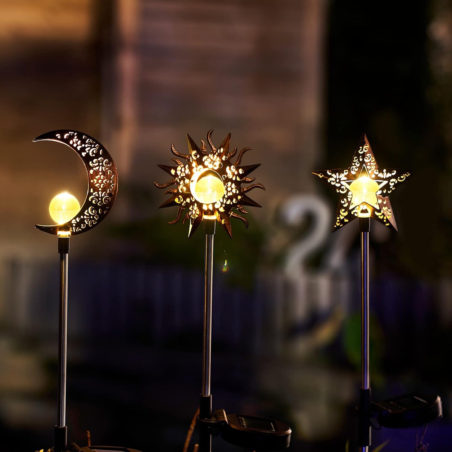 Solar Lights Outdoor Garden Decorations Sun Moon Star Stake Light Decorative Waterproof Warm White LED Yard Decor for Pathway Lawn Patio Courtyard Backyard