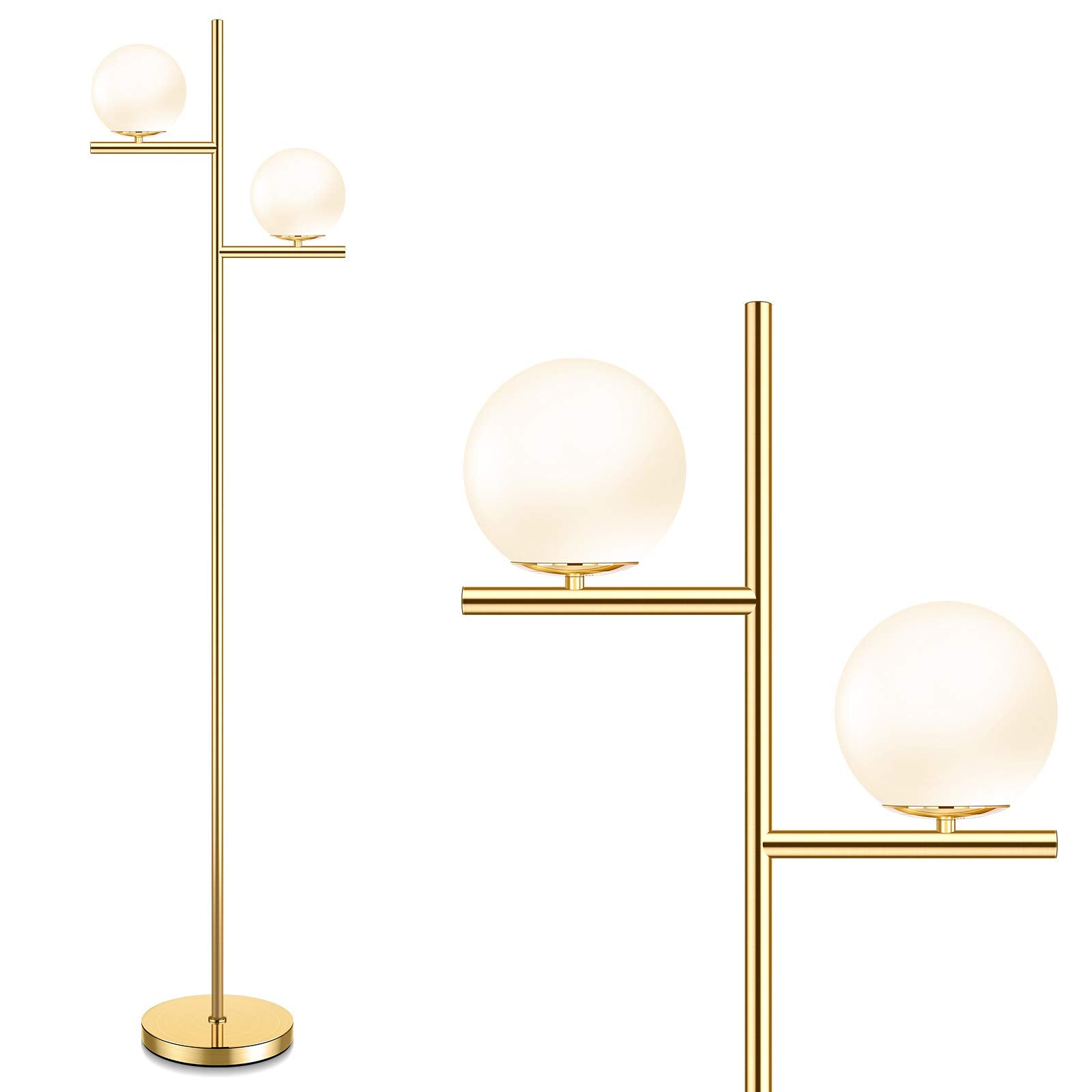 Mid Century Modern 2 Frosted Glass Globe Floor Lamp for Living Room,Contemporary LED Standing Light, Gold Corner Pole Office Bedroom, Study Room, Hotel, Antique Brass Lighting