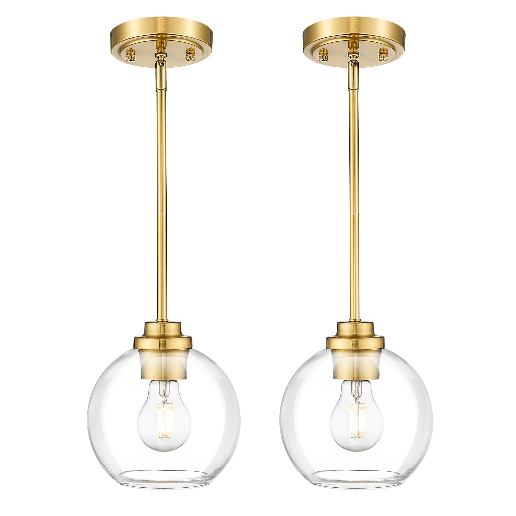 Modern Polished Gold Pendant Light, Mid Century Globe Hanging Light Fixture with Clear Glass for Kitchen Island Dining Room Bedroom Hallway Foyer (2 Pack), PL101BG-2PK