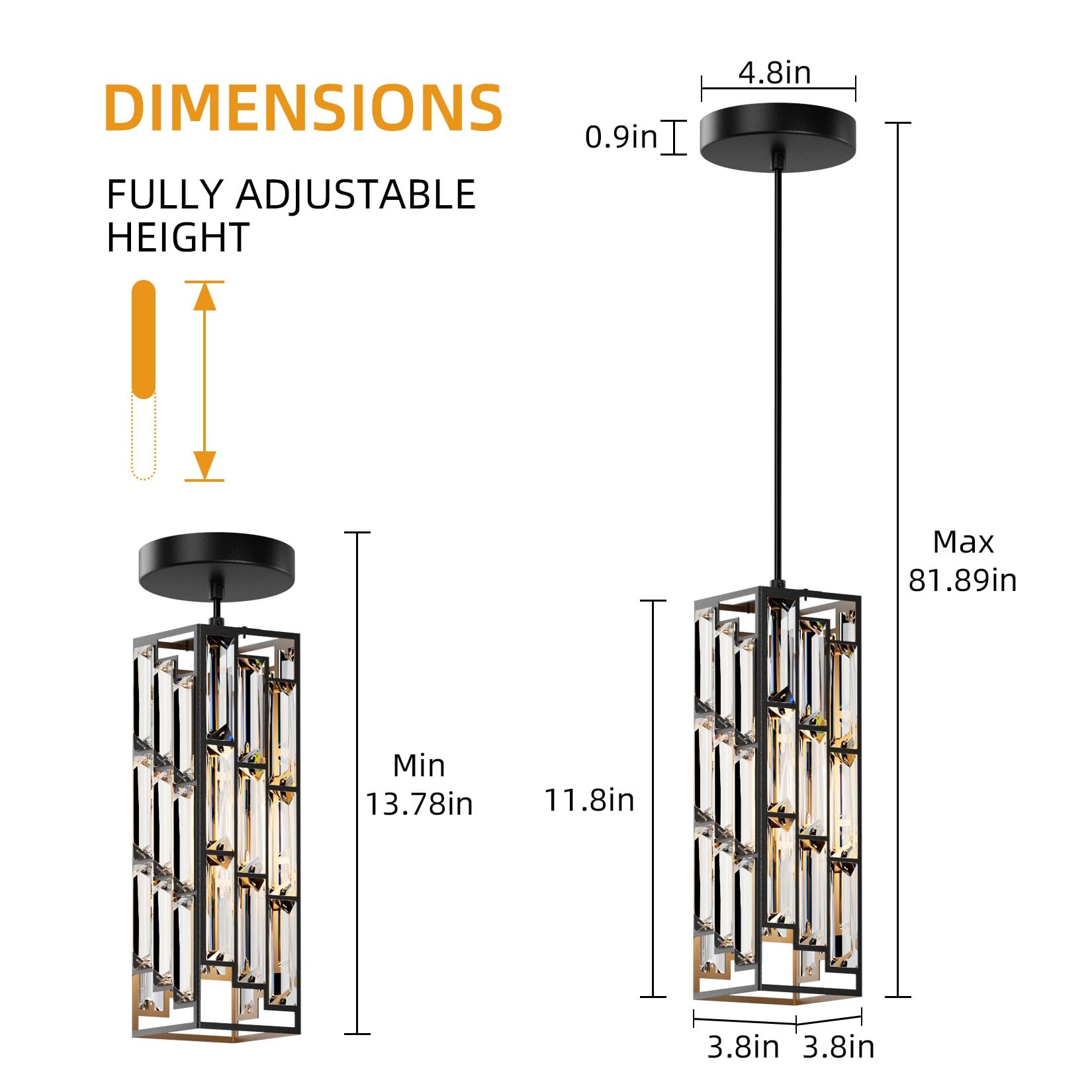 Black Pendant Lights Modern Pendant Light Fixture, Mini Crystal Pendant Ceiling Light, Pendant Light for Kitchen Island, Dinning Room, Bedroom, Kitchen Sink Lighting (2-Pack)