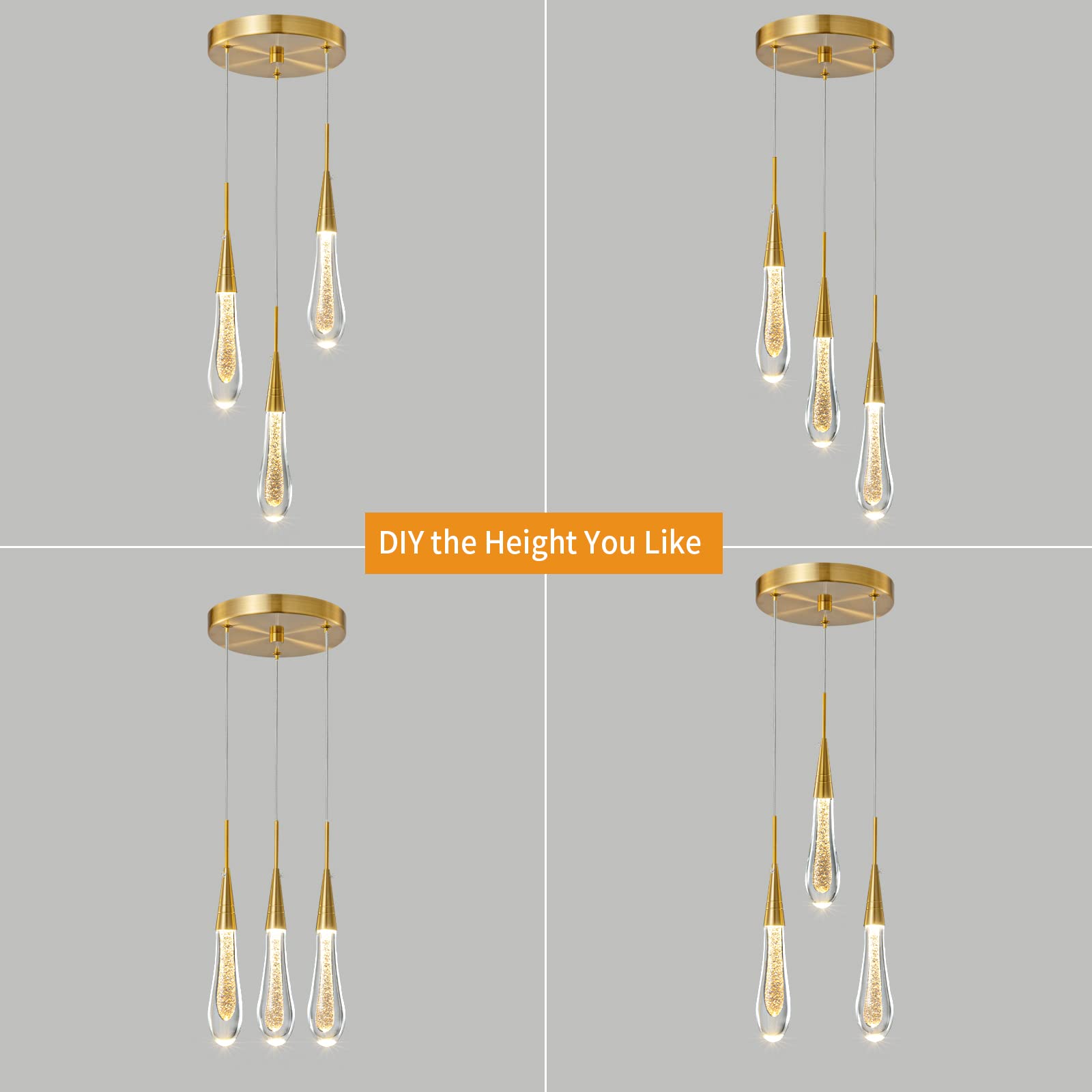 Kitchen Light Fixtures Ceiling Dimmable LED Modern Gold Pendant Light Mini Teardrop Crystal Pendant Light for Kitchen Island Bedroom Hallway Entryway (5-Light)