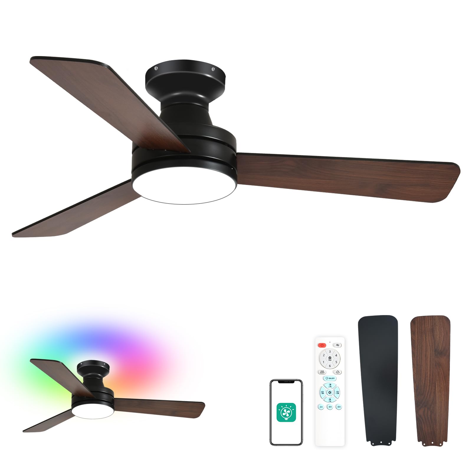 Orison Ceiling Fans with Lights, 42 inch Low Profile Ceiling Fan with RGB Backlight, Flush Mount Ceiling Fan with Remote and App Control, Black Ceiling Fan for Bedroom, 6 Speeds, 3 Reversible Blades