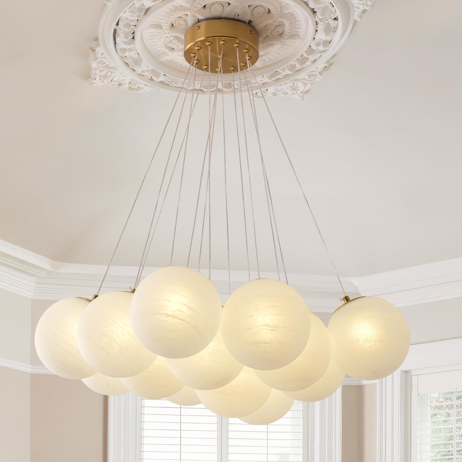 7-Lights Milk Glass Bubble Chandeliers Lighting, Modern Nordic Large Globe Chandelier Mid-Century Ball Pendant Light Fixture for Bedroom, Living Room, Dining Room, Entry, Island