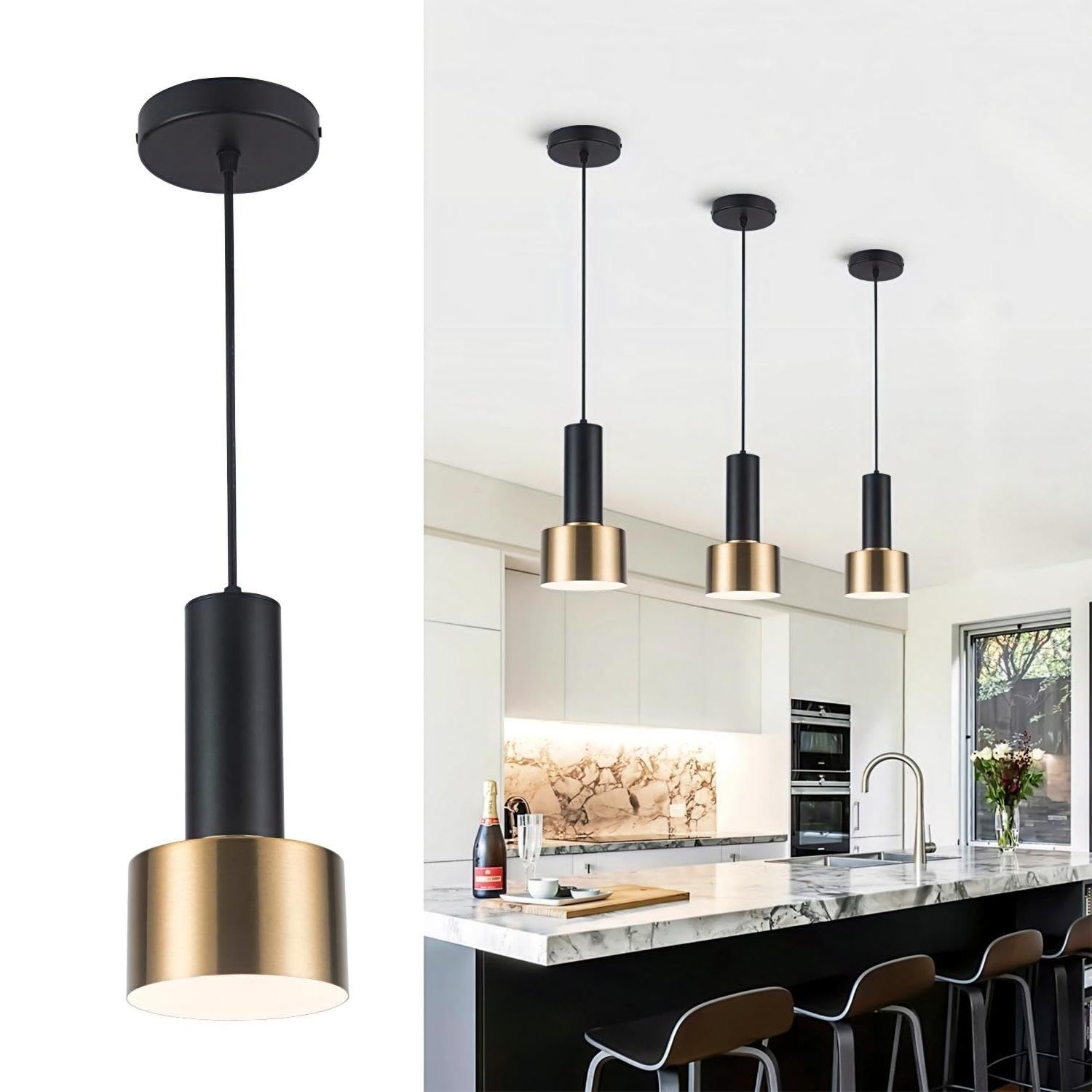 Modern Pendant Light Fixture for Kitchen Island,1-Light Black Gold Pendant Lighting Ceiling Hanging Light Cord Adjustable for Living Room Bedroom Bar (1 Pack)