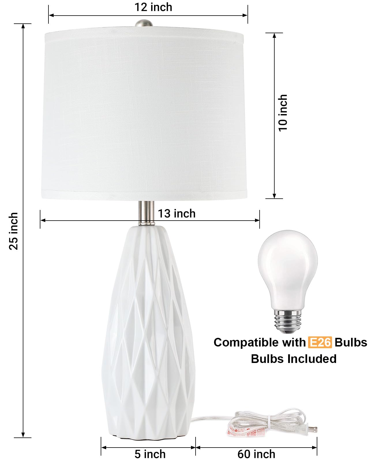 Table Lamp 25", Bedside Lamps for Bedroom Ceramic Desk Lamp White Lamp for Living Room End Table Lamps | 3-Way Dimmable Tall Nightstand Lamps Modern Geometric Lamp for Farmhouse Office(Bulb Included)