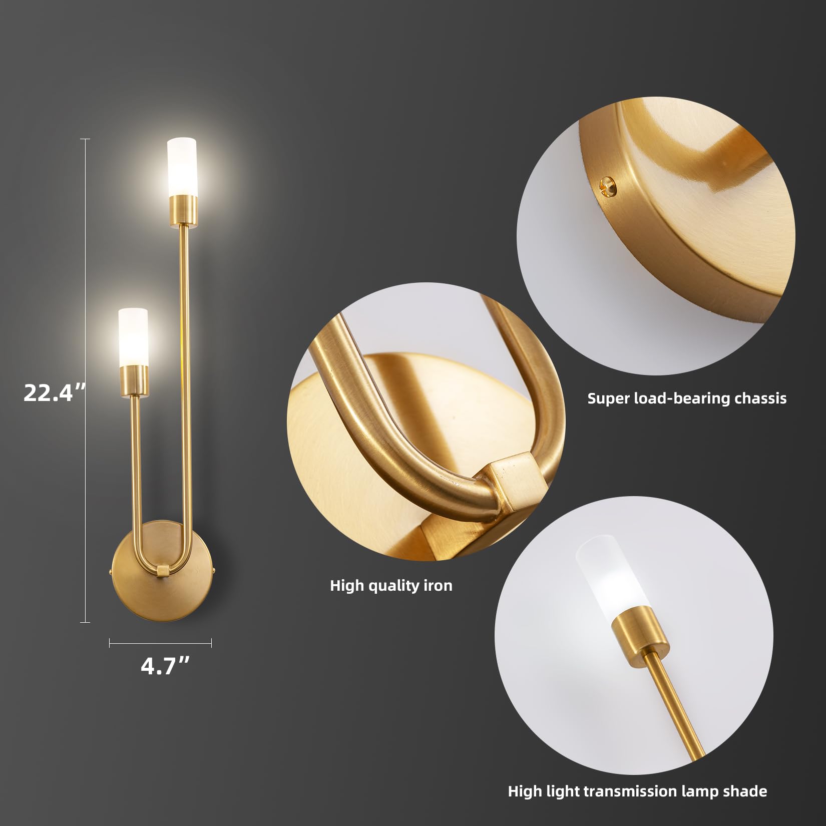 LED Gold Wall Sconce 2-Light Fixture Indoor Mid Century Wall lamp Vanity Light Fixture with Glass Shade for Bedroom Living Room Hallway Kitchen 22.4inch（Left-Short）