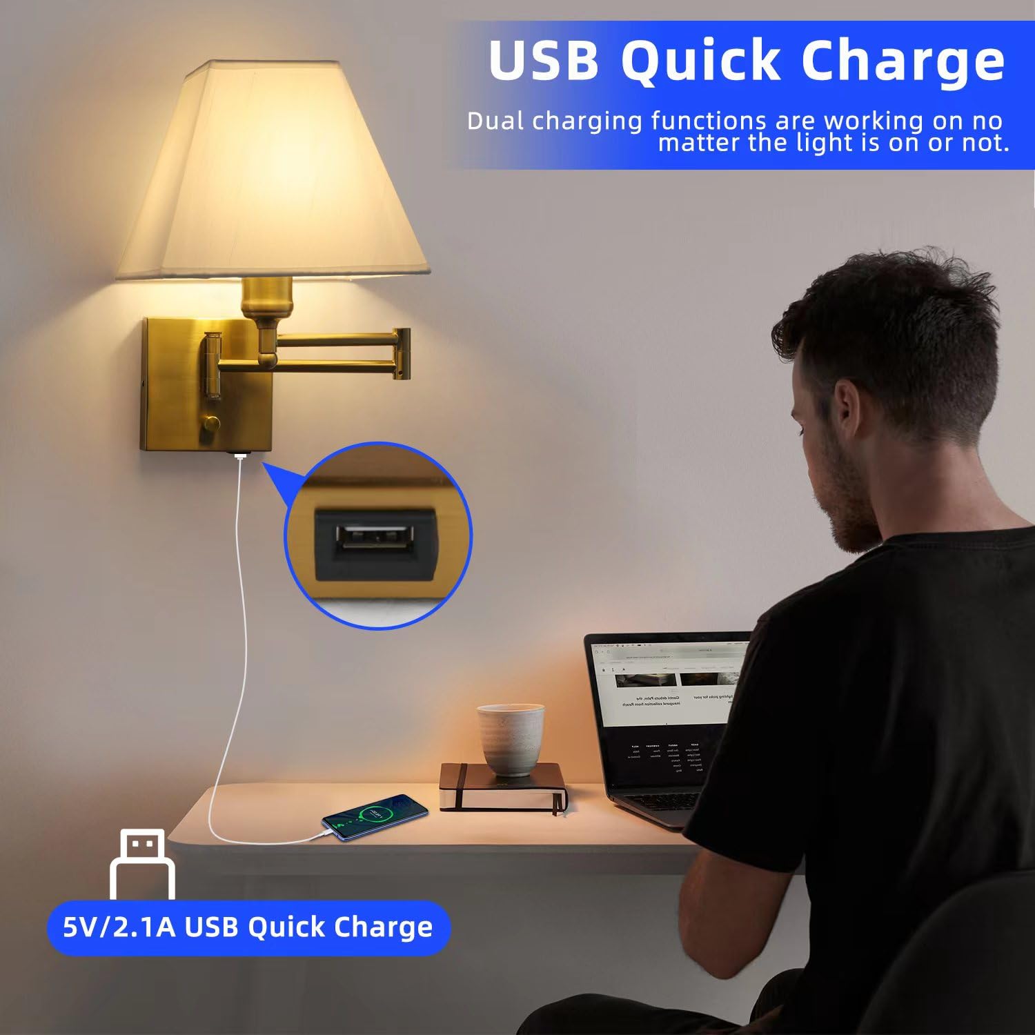 Plug in Wall Light,Swing Arm Wall Sconces with USB Port and Outlet,Wall Lamp with White Fabric Shade Dimmable Switch for Bedroom, Living Room , Office Nickel