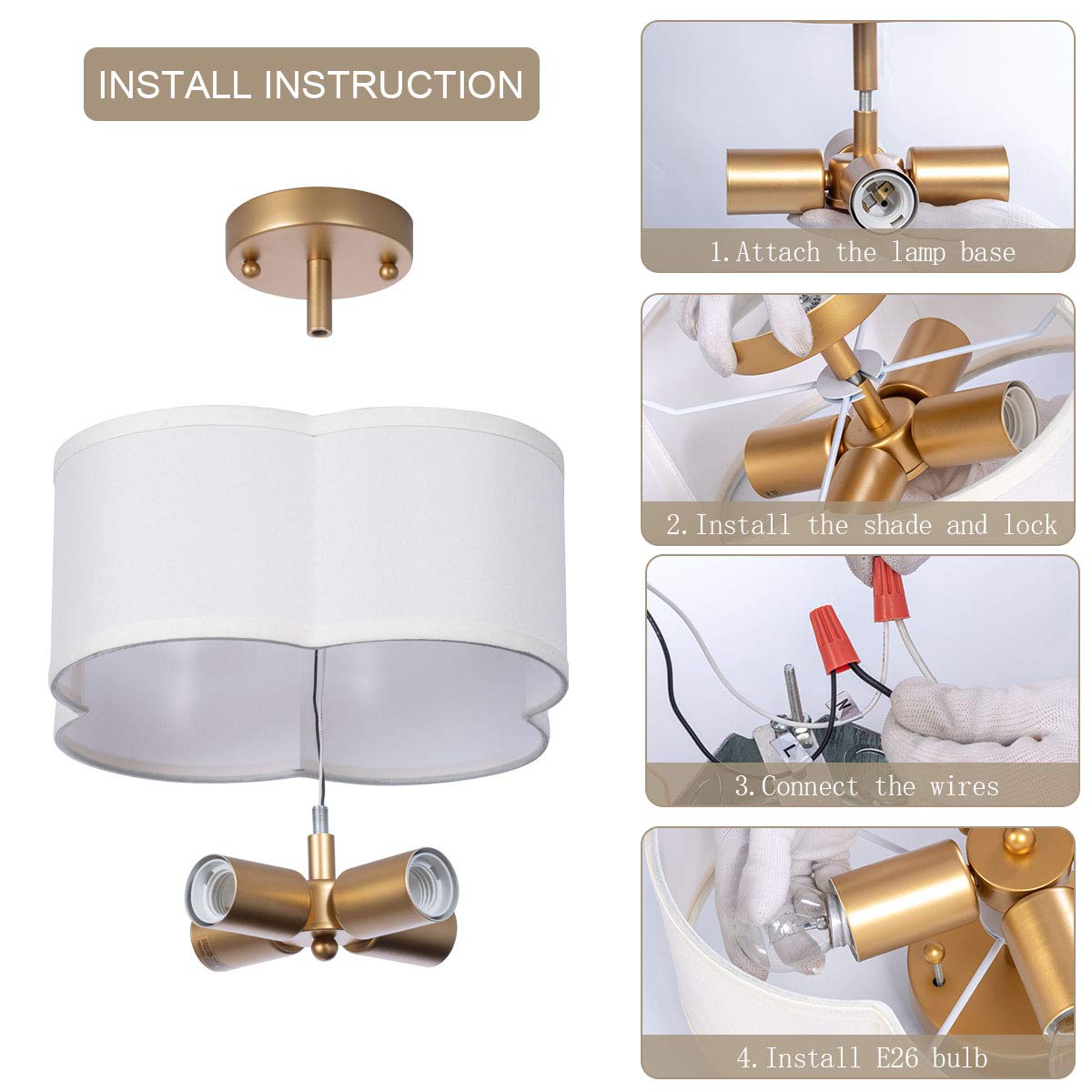 Semi-Flush Mount Ceiling Light Fixture Cream White Fabric Drum Shade Antique Brass Brush Paint Finish for Bedroom, Dining Room, Corridor, Living Room 13.77" 4-Light