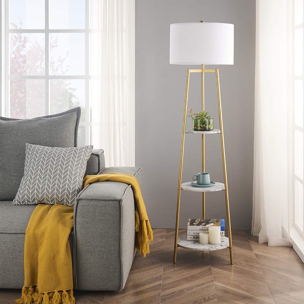 Floor Lamp, Standing Reading Light with Faux Marble Shelves and Fabric Shade, Modern Tall Pole, Accent Furniture Décor Lighting for Living Room, Bedrooms