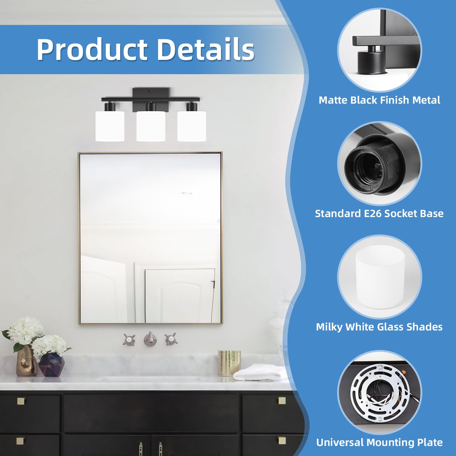 Black Bathroom Lighting Fixtures Over Mirror, Modern 2-Light Vanity Lights Fixtures, Rustproof Wall Sconces Light for Bedroom, Hallway, Milky White Glass Shades, E26 Base, Bulbs Not Included