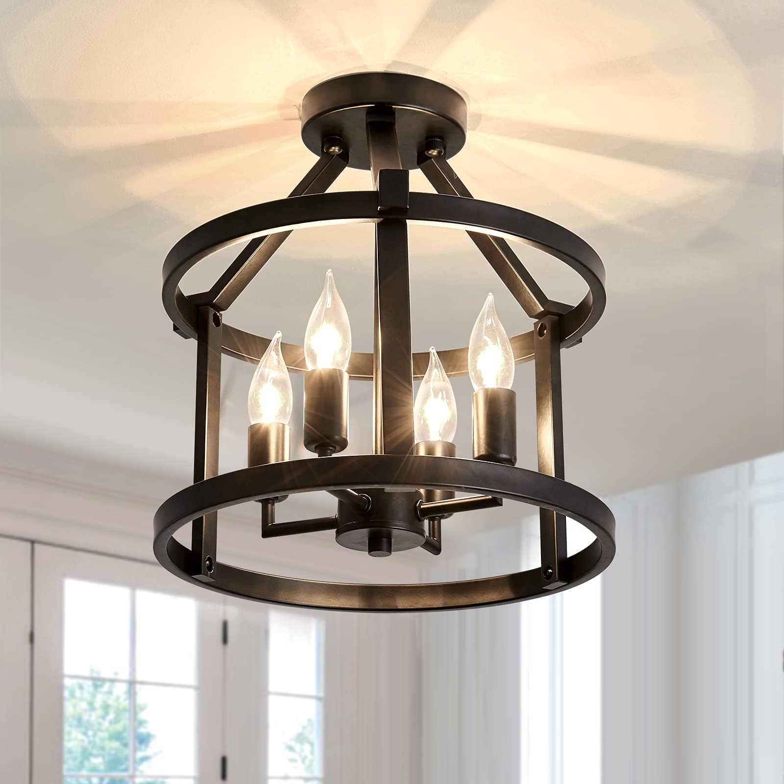 Metal Semi Flush Mount Ceiling Light Fixture 4 Candle Holder Matte Chandelier Farmhouse Ceiling Lamp for Dining Room Bedroom Kitchen Hallway Entryway（Black）