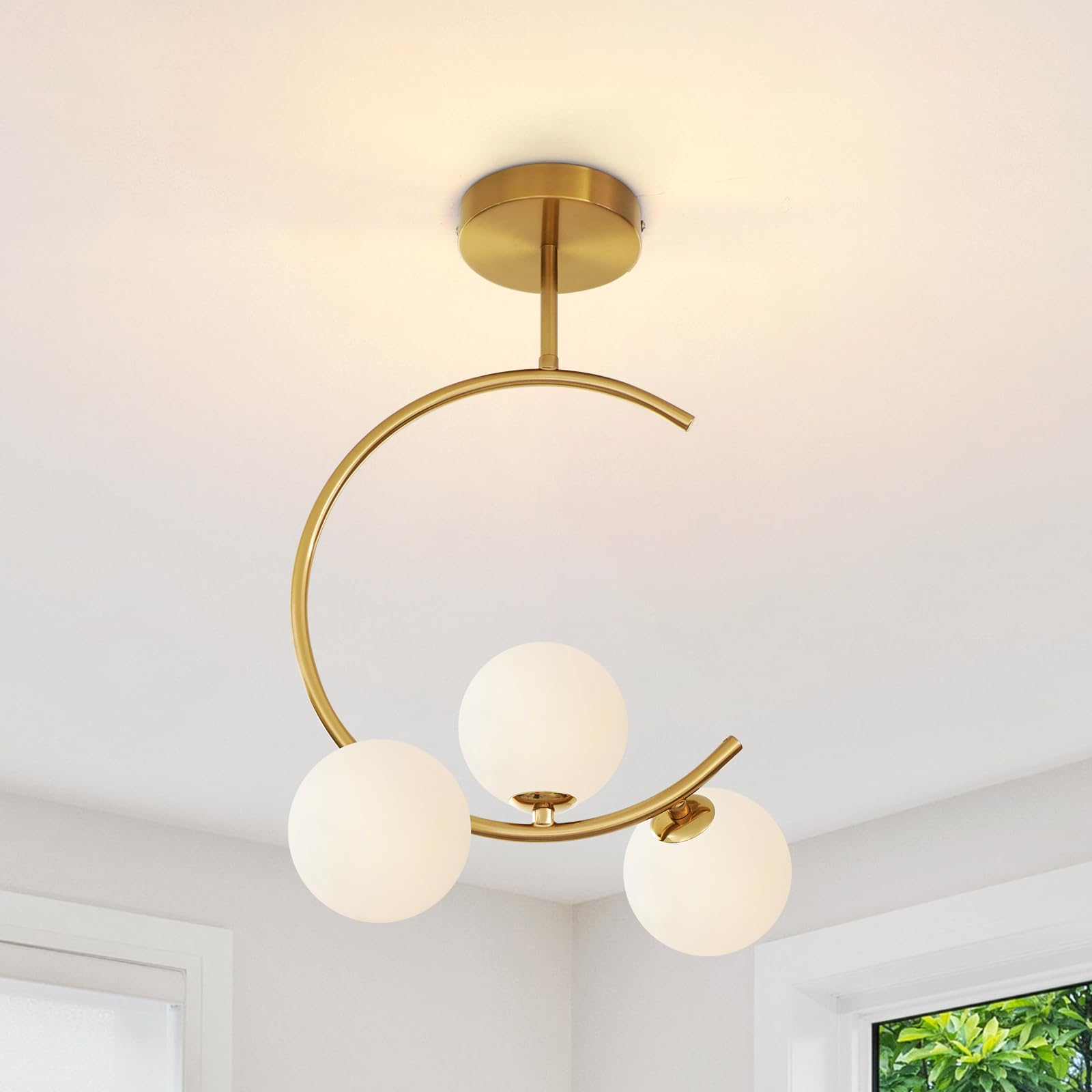 Modern Semi Flush Mount Ceiling Light - Easric Gold Ceiling Light Fixture Mid Century Light Fixtures Ceiling Mount with 3 Frosted Glass Lampshade Globe Ceiling Lamp for Hallway Kitchen Bedroom