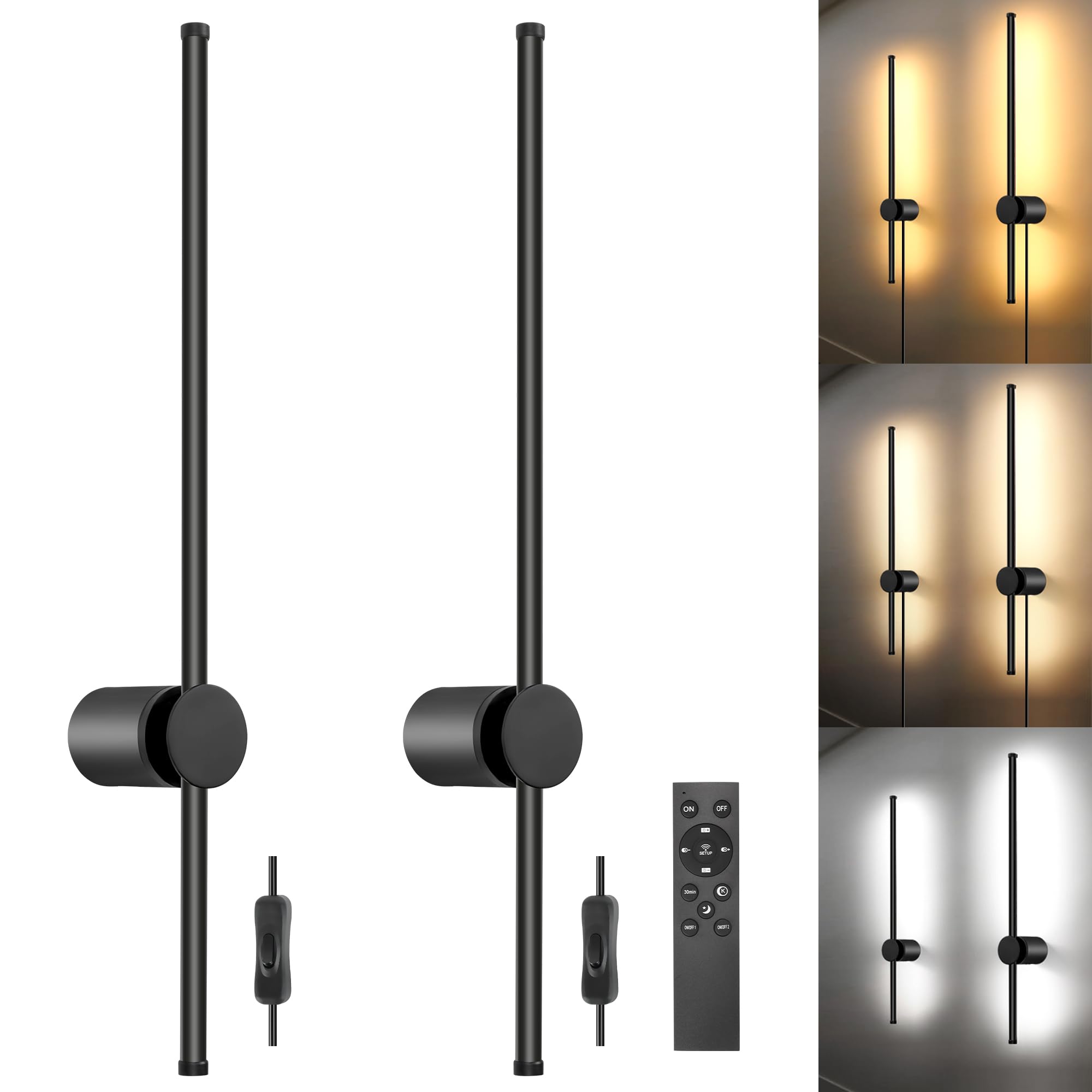 Wall Sconces Set of Two with Remote, Stepless Colors 3000K-6500K & Stepless Dimming, Hardwire or Plug-in, 180° Rotate, LED Black Plug in Wall Sconces with Timer & Night Light, 23.6 Inches