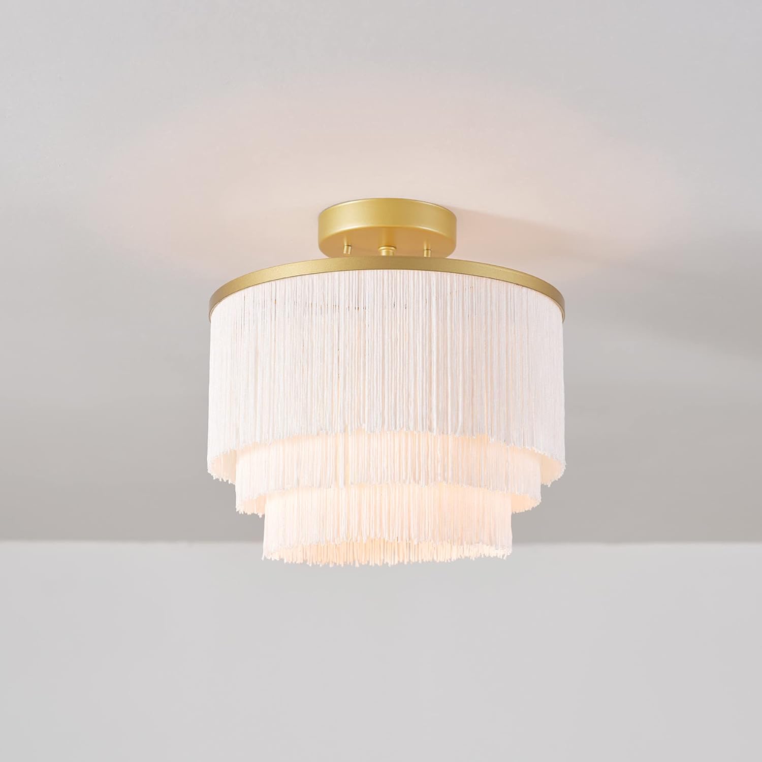 Globe Electric 65892 1-Light Flush Mount Ceiling Light, Matte Gold, White Fabric Fringe Shade, Bulb Not Included