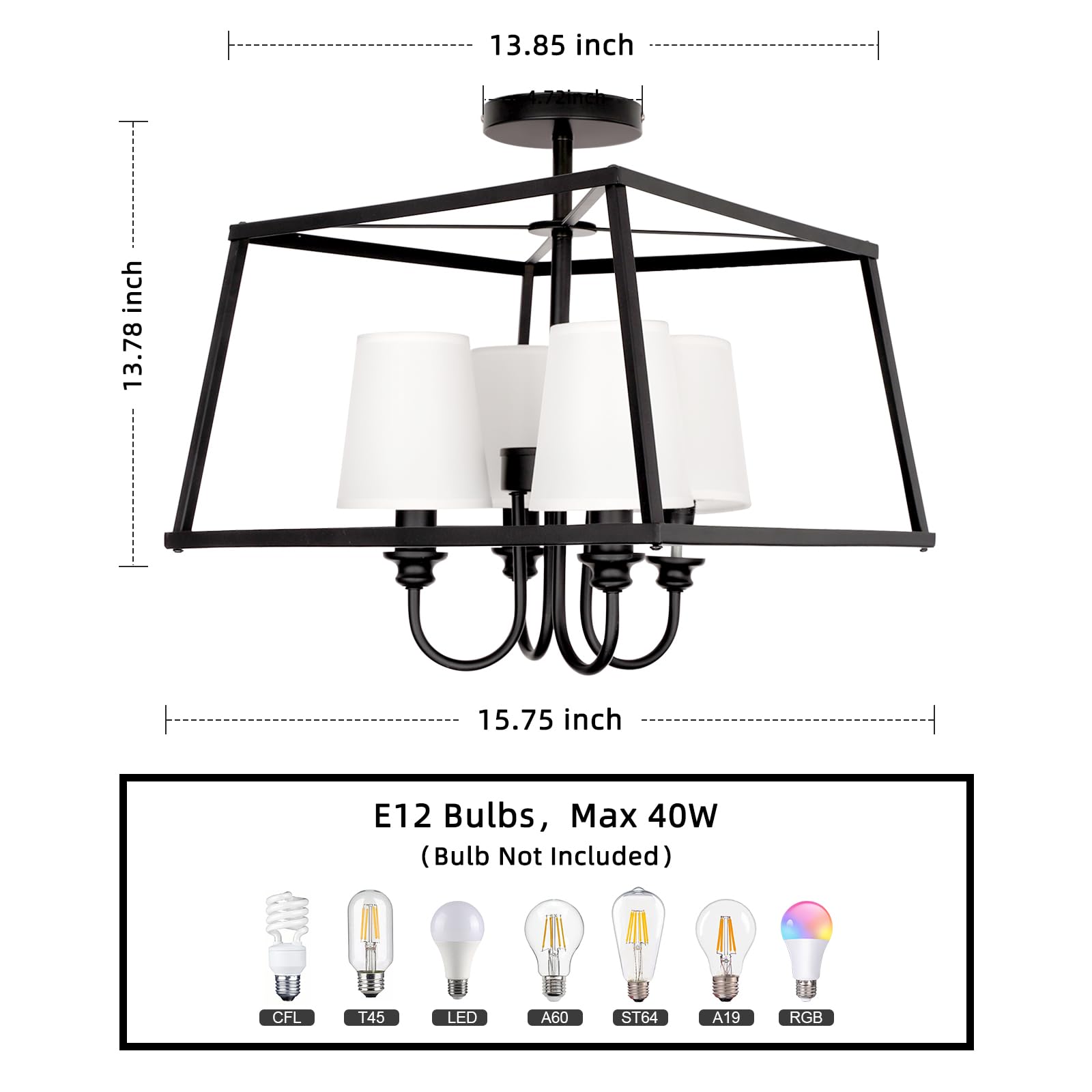 4 Light Semi Flush Mount Ceiling Light 15.7 Inches Light Fixture with Metal Frame Fabric Shade Modern Ceiling Light for Living Room Bedroom Kitchen Dining Room Entryway Hallway