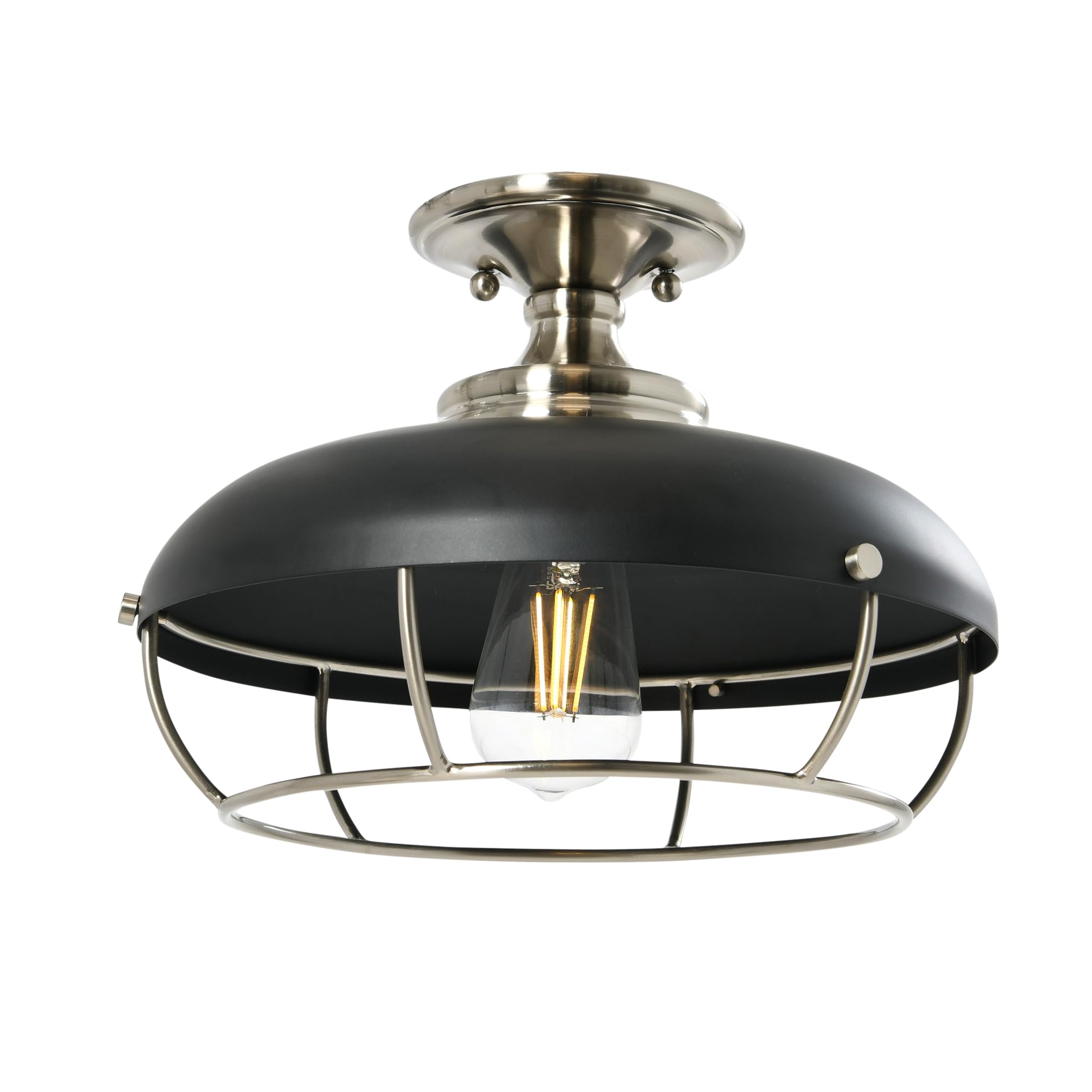 Caged Dome Metal Semi-Flush Mount Ceiling Light, Brushed Brass and Navy Blue