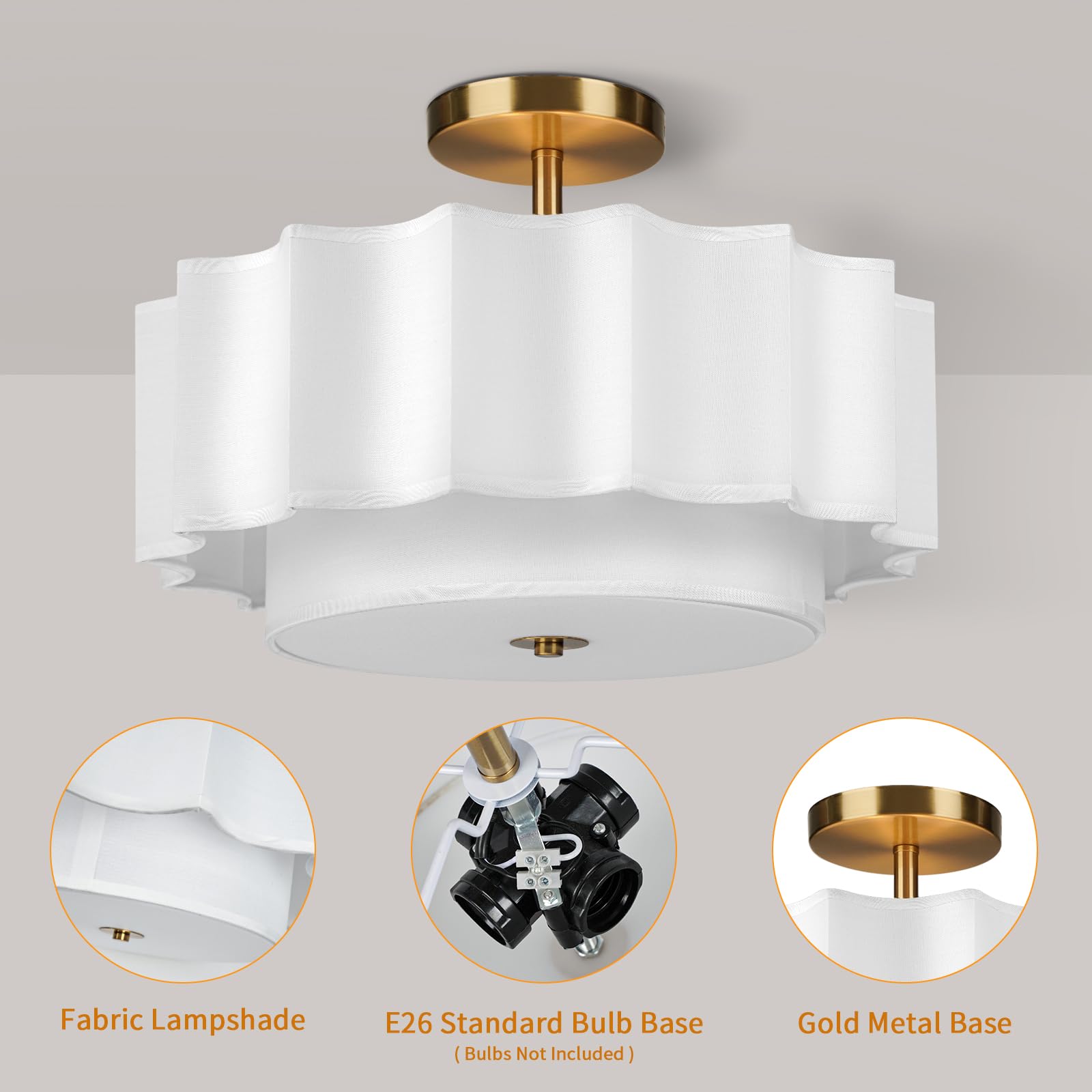 Modern Semi Flush Mount Ceiling Light - Easric Light Fixtures Ceiling Mount Hallway Light Fixtures Ceiling with Black 2-Layer Fabric Shade Drum Ceiling Lights for Bedroom,Dining Room,Kitchen,Foyer